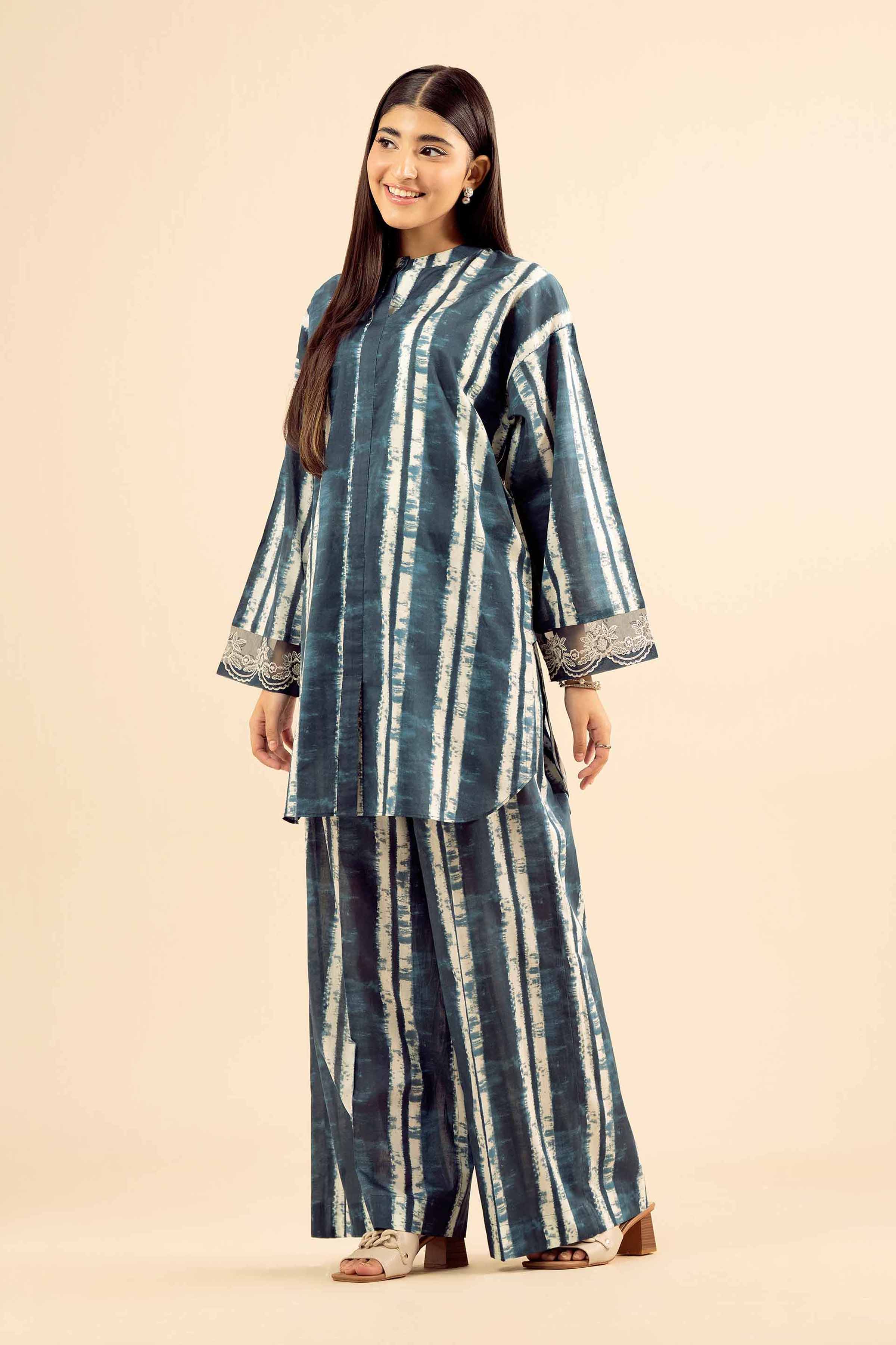 2 Piece - Printed Embroidered Suit - PW25-38 READY TO WEAR Blue Cambric 2PC Embroidered