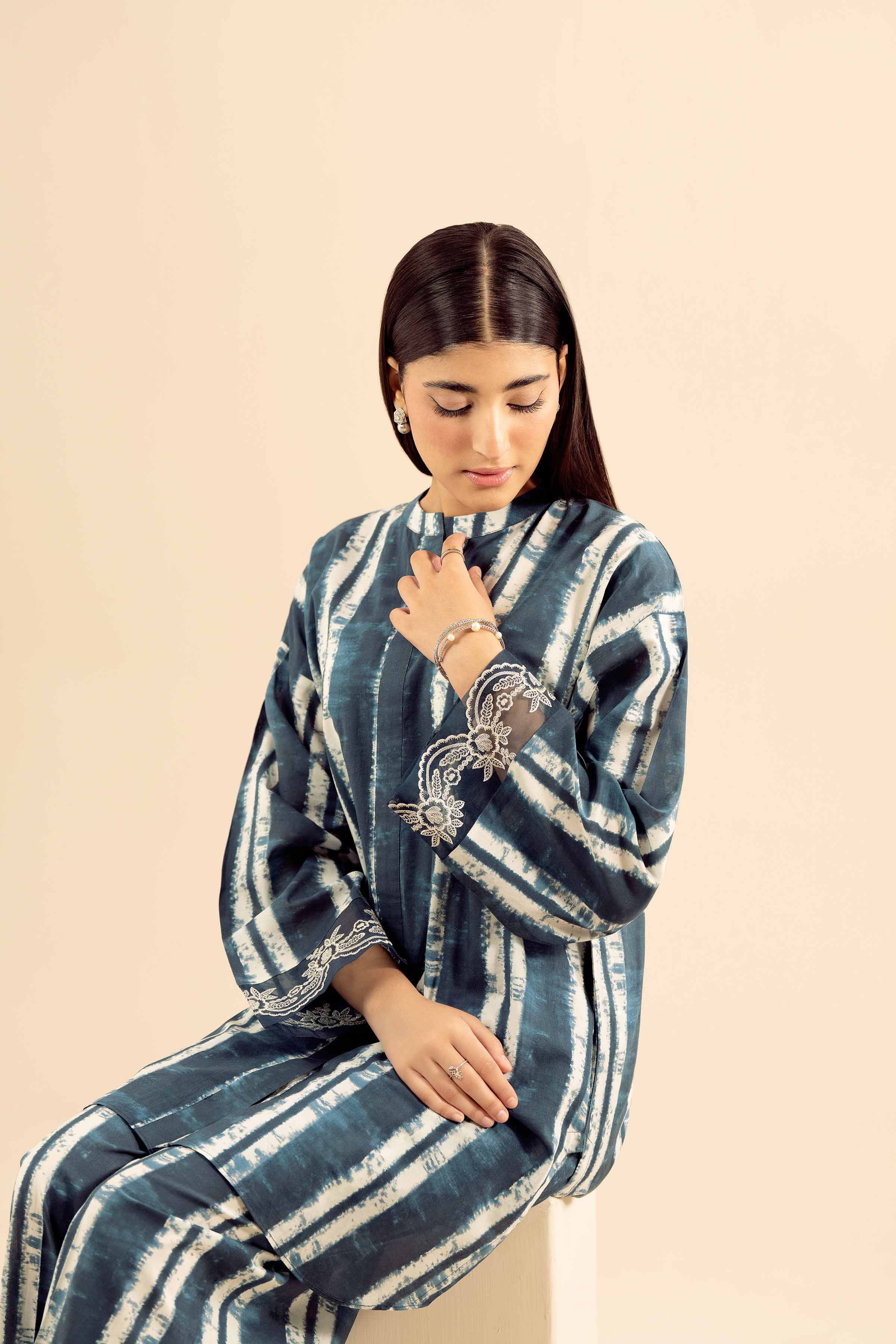 2 Piece - Printed Embroidered Suit - PW25-38 READY TO WEAR Blue Cambric 2PC Embroidered
