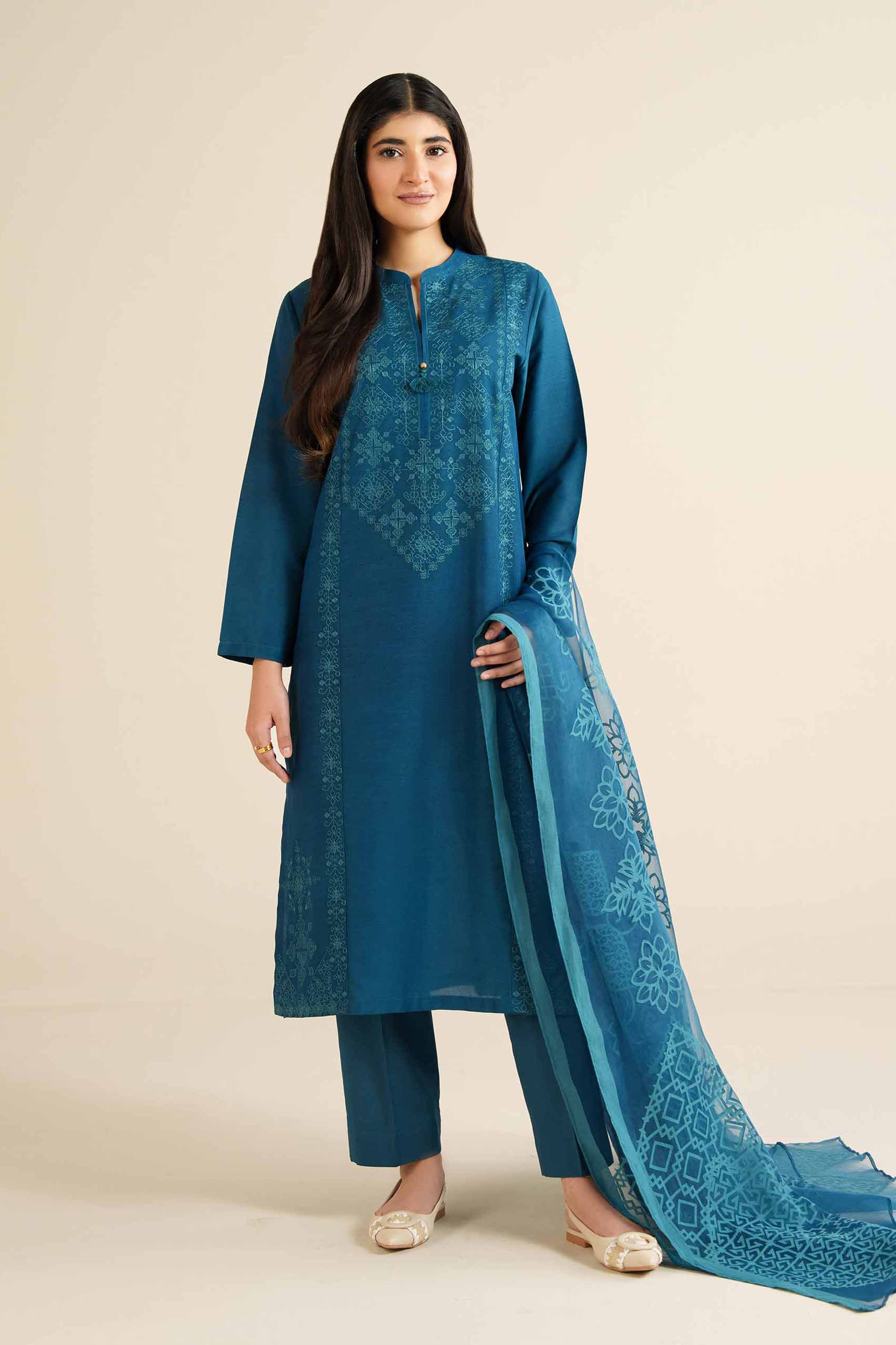 3 Piece - Embroidered Suit - PW25-398 READY TO WEAR Blue Jacquard 3PC Embroidered