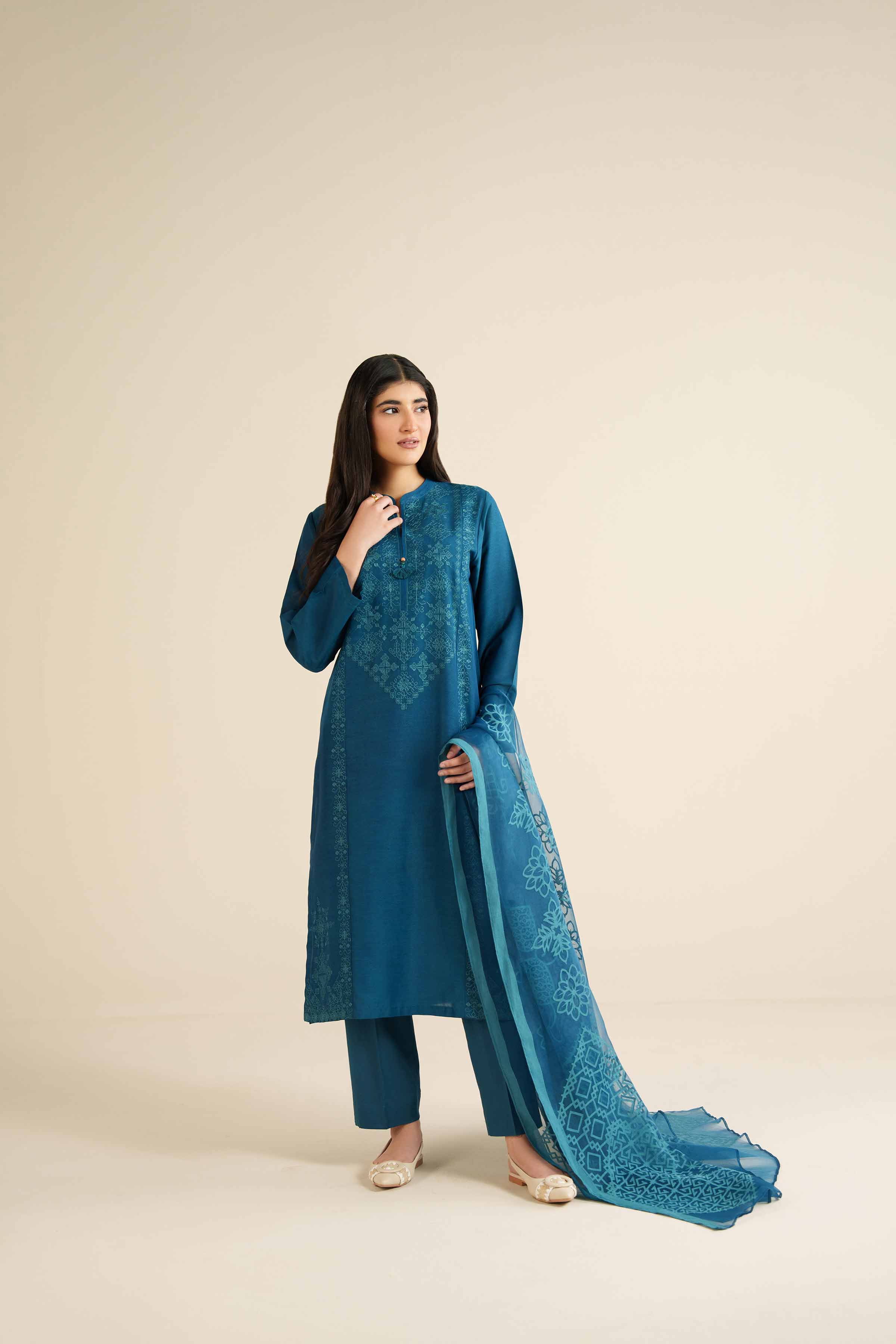 3 Piece - Embroidered Suit - PW25-398 READY TO WEAR Blue Jacquard 3PC Embroidered