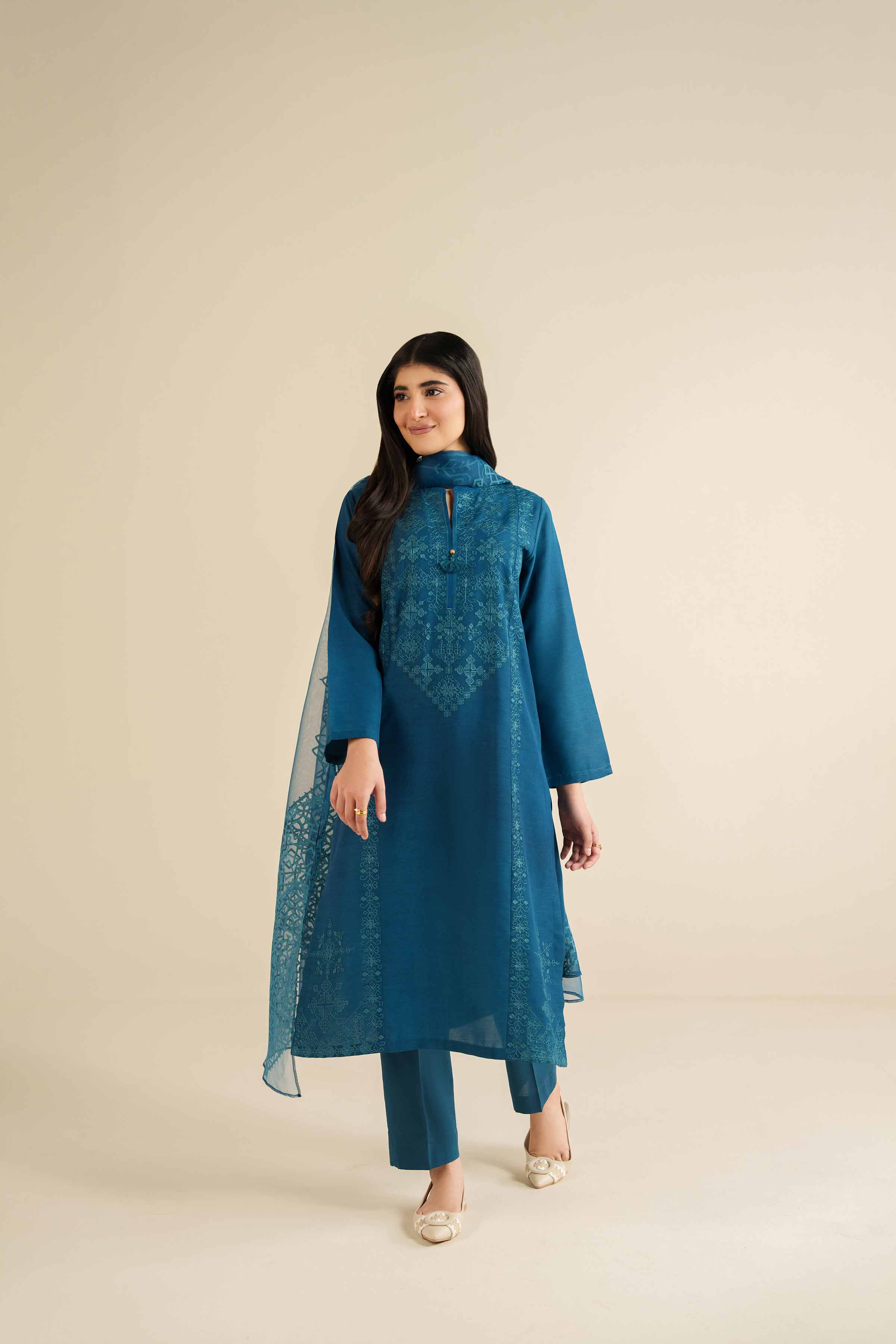 3 Piece - Embroidered Suit - PW25-398 READY TO WEAR Blue Jacquard 3PC Embroidered