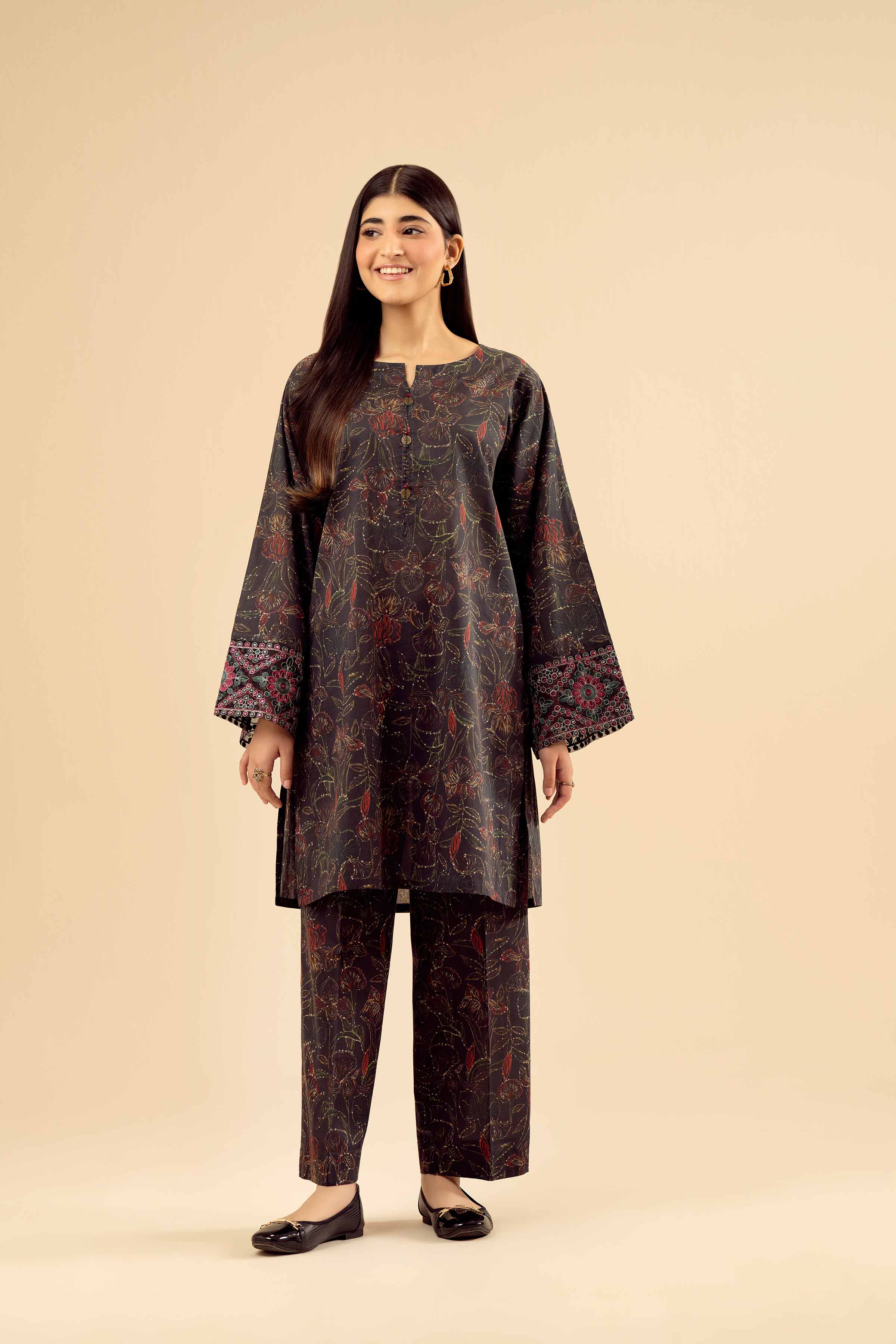 2 Piece - Printed Embroidered Suit - PW25-40 READY TO WEAR Black Cambric 2PC Embroidered