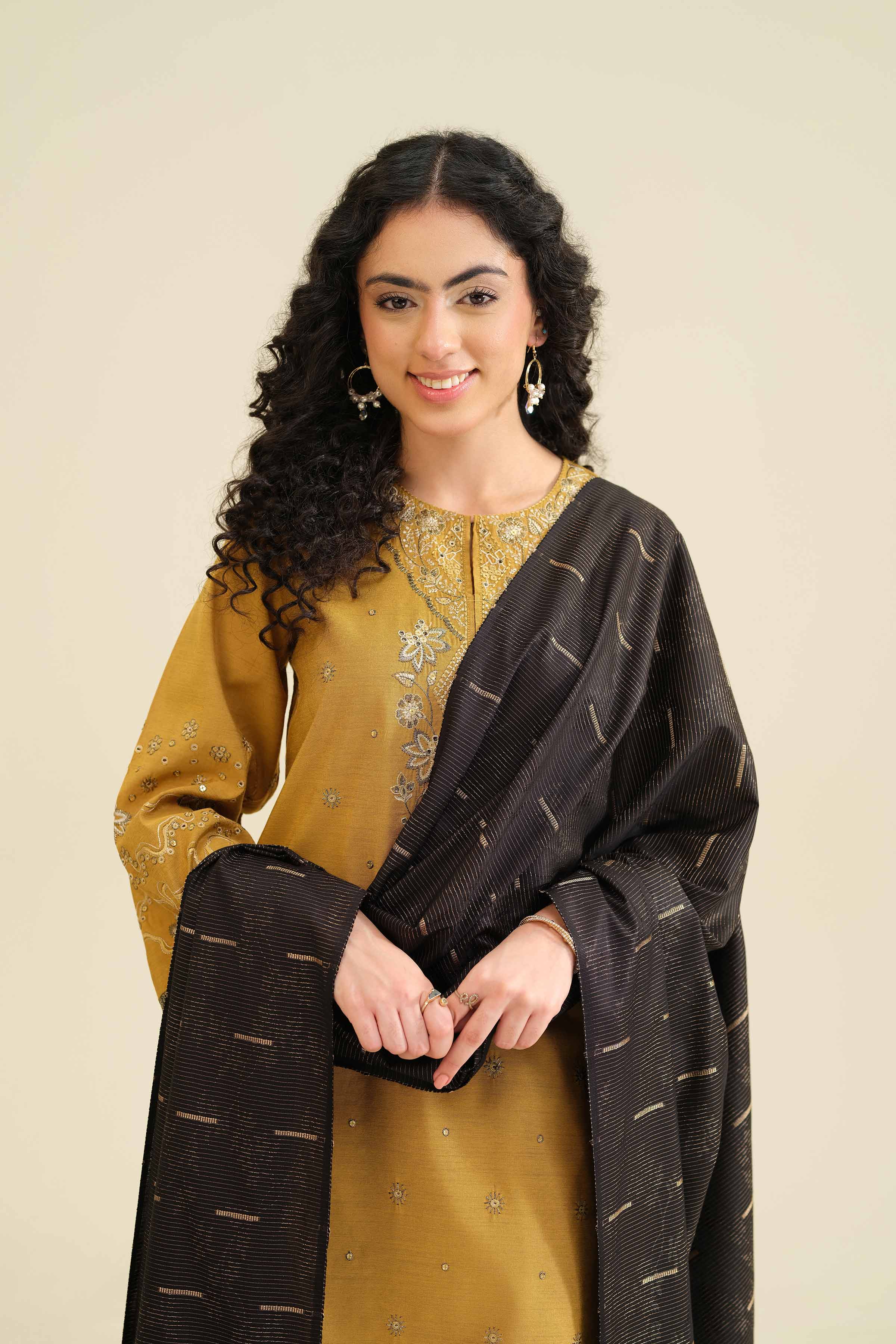 3 Piece - Embroidered Suit - PW25-401 READY TO WEAR Yellow Silk 3PC Embroidered