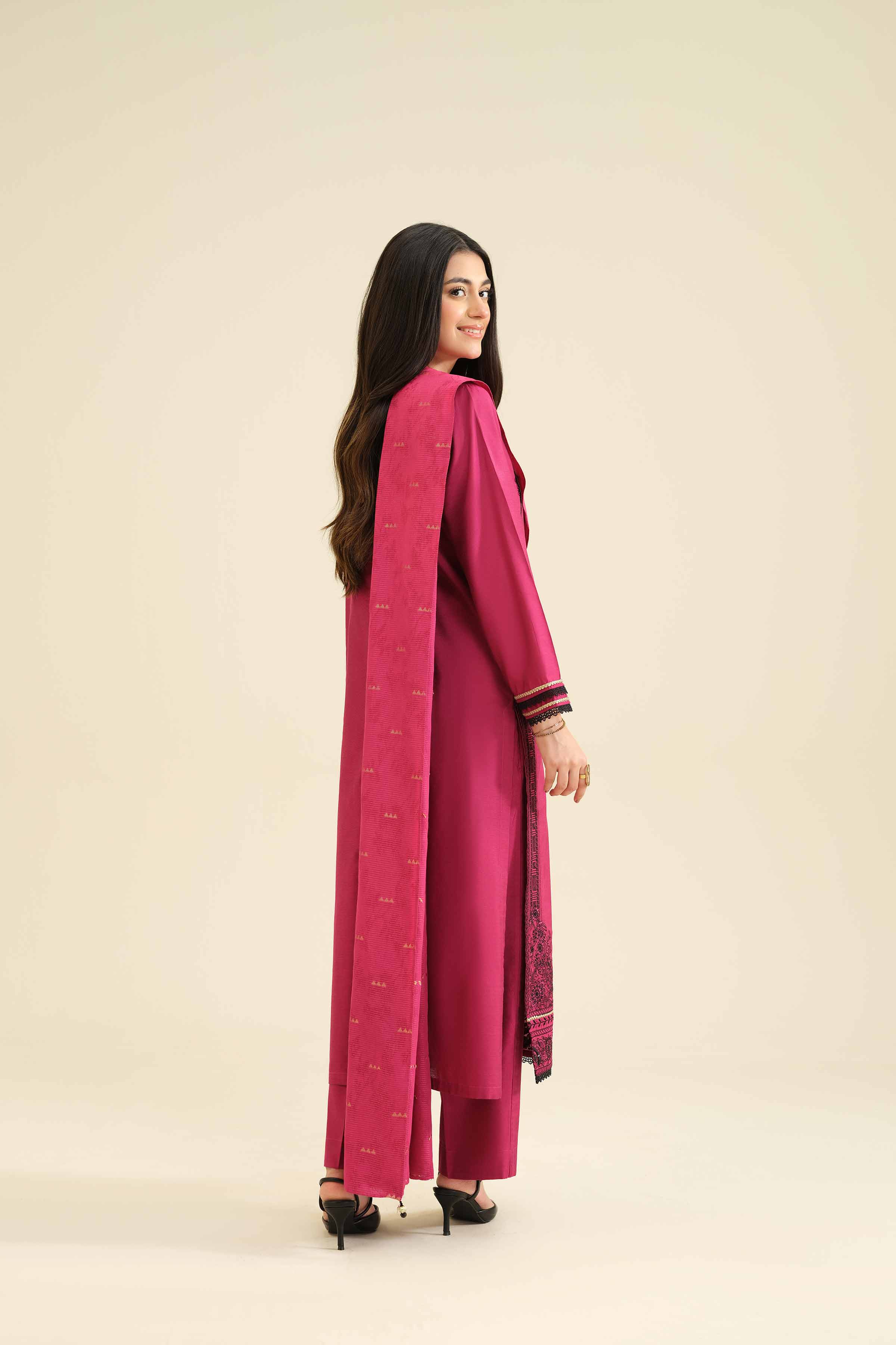 3 Piece - Embroidered Suit - PW25-402 READY TO WEAR Pink Silk 3PC Embroidered