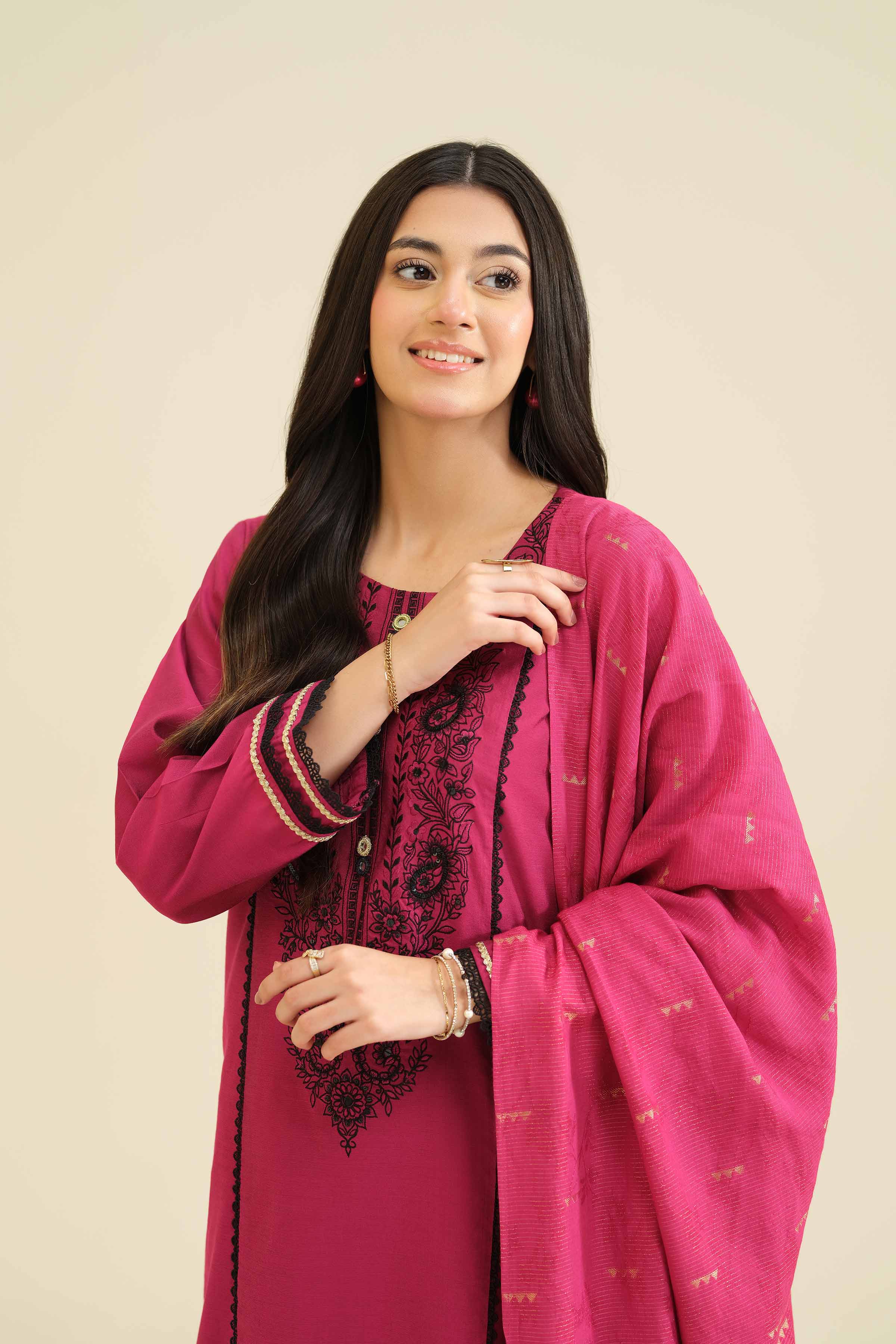 3 Piece - Embroidered Suit - PW25-402 READY TO WEAR Pink Silk 3PC Embroidered
