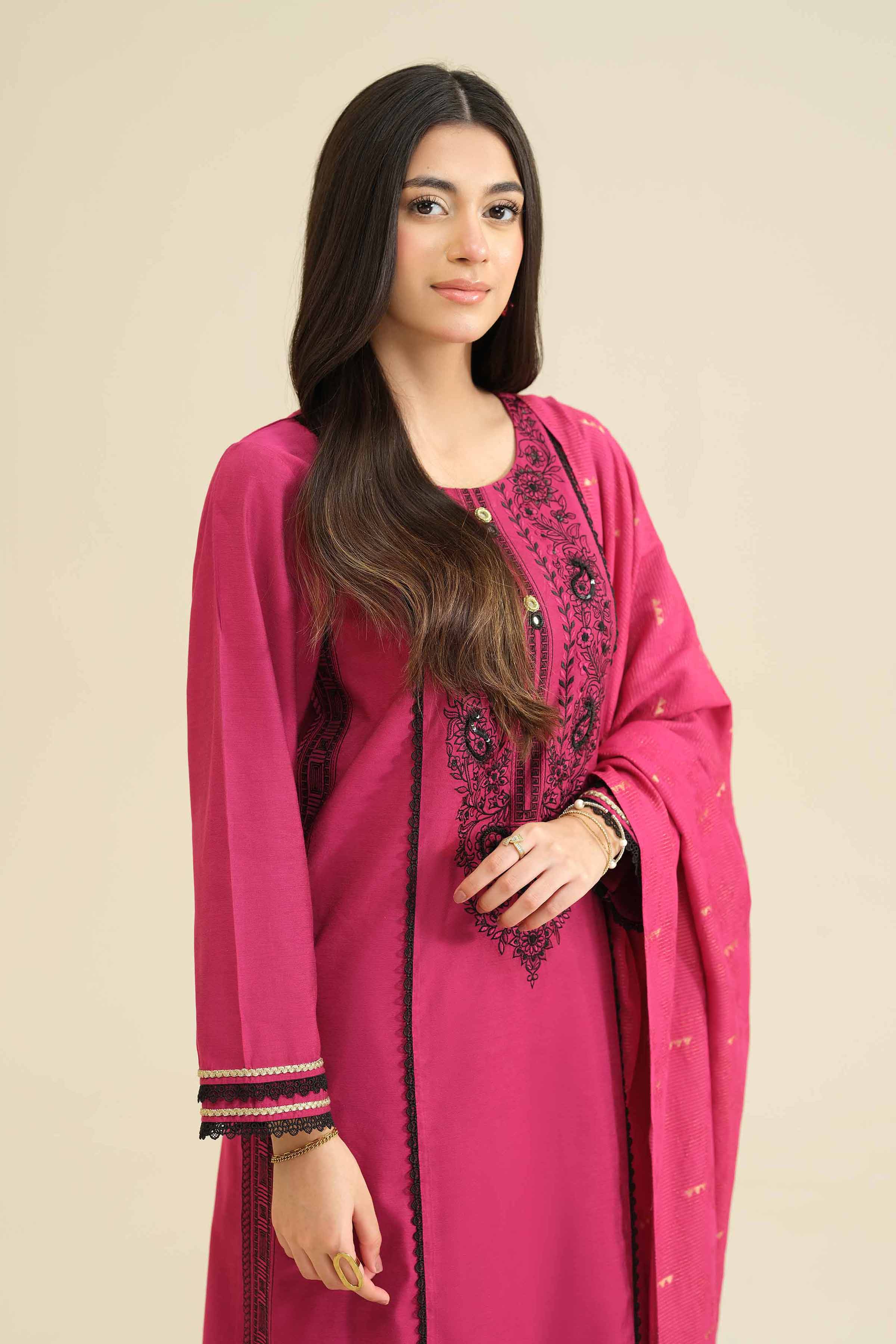 3 Piece - Embroidered Suit - PW25-402 READY TO WEAR Pink Silk 3PC Embroidered