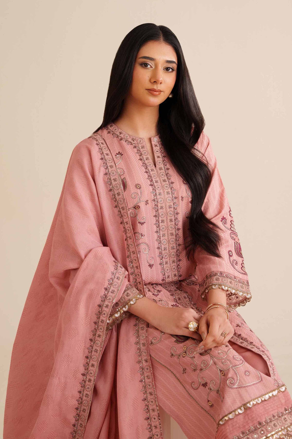 3 Piece - Embroidered Suit - PW25-405 Pink Jacquard 3PC Embroidered Nishat Australia