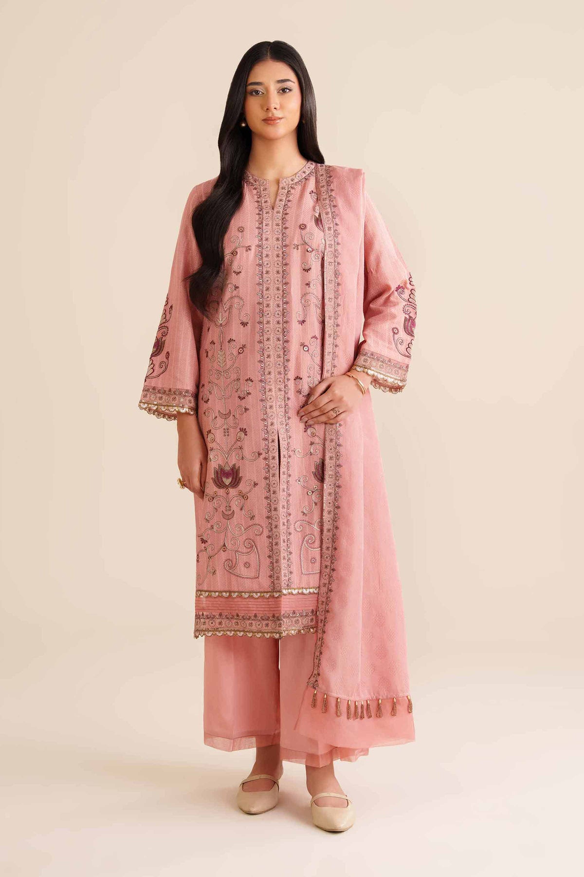 3 Piece - Embroidered Suit - PW25-405 Pink Jacquard 3PC Embroidered Nishat Australia