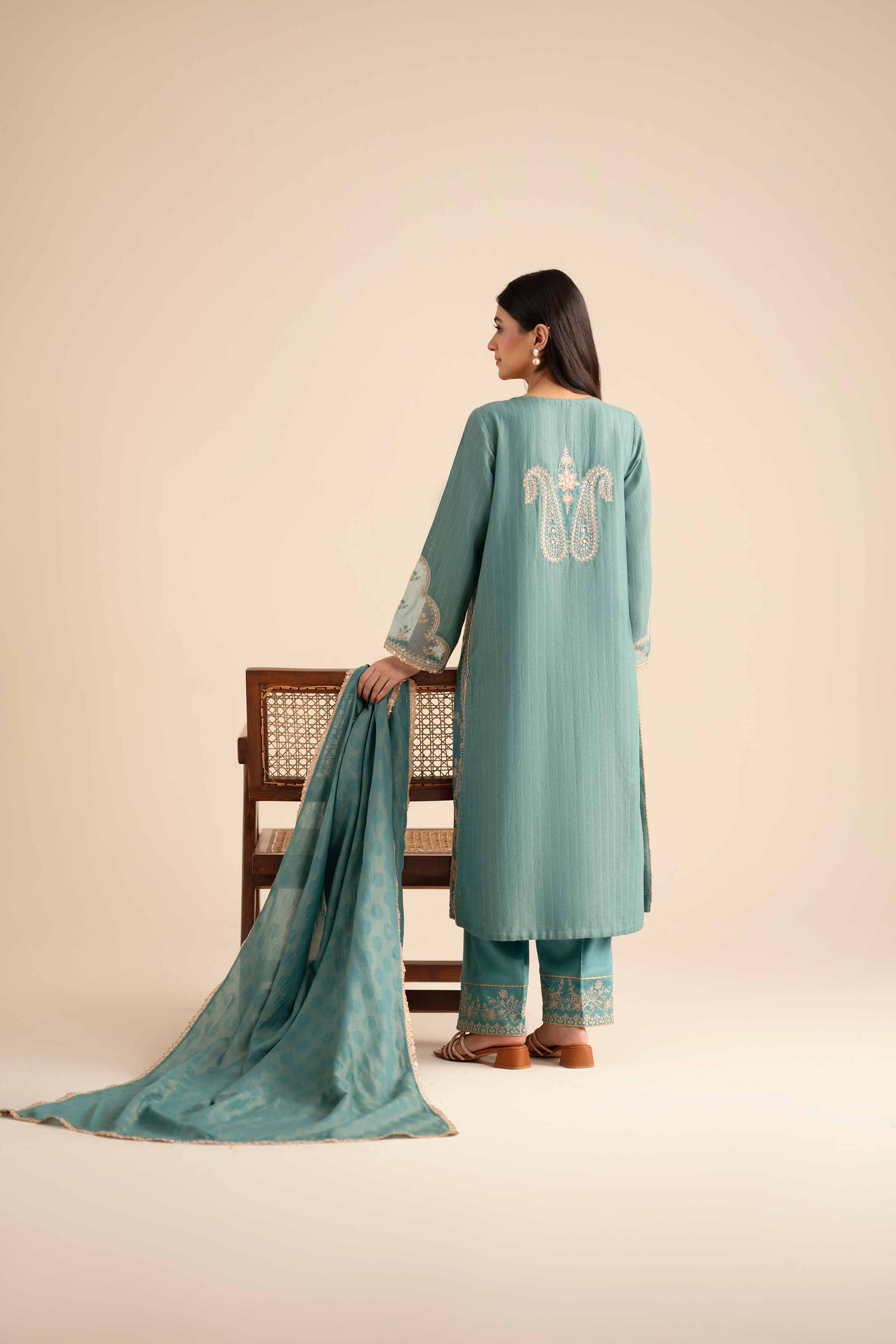 3 Piece - Embroidered Suit - PW25-406 READY TO WEAR Blue Jacquard 3PC Embroidered