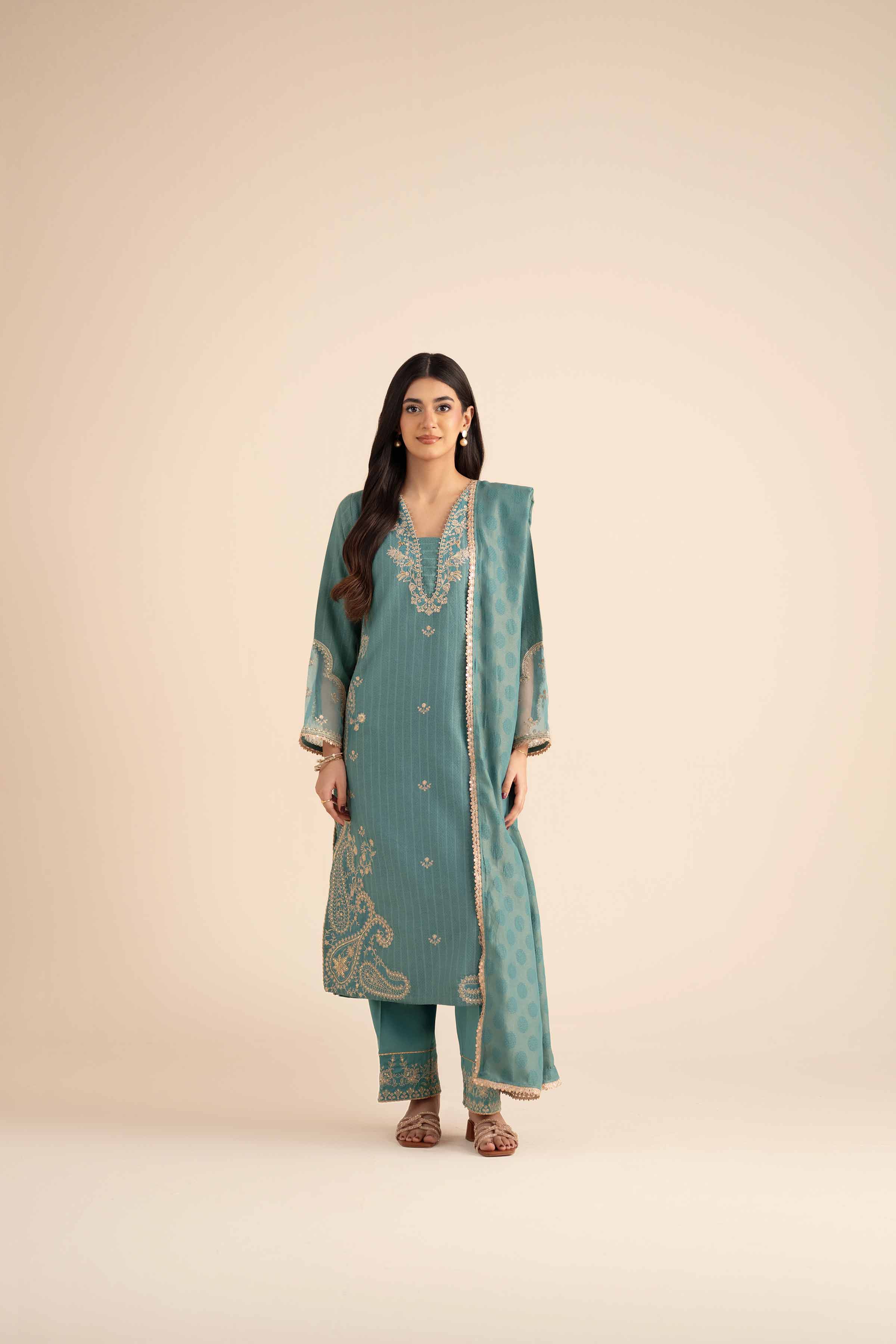 3 Piece - Embroidered Suit - PW25-406 READY TO WEAR Blue Jacquard 3PC Embroidered