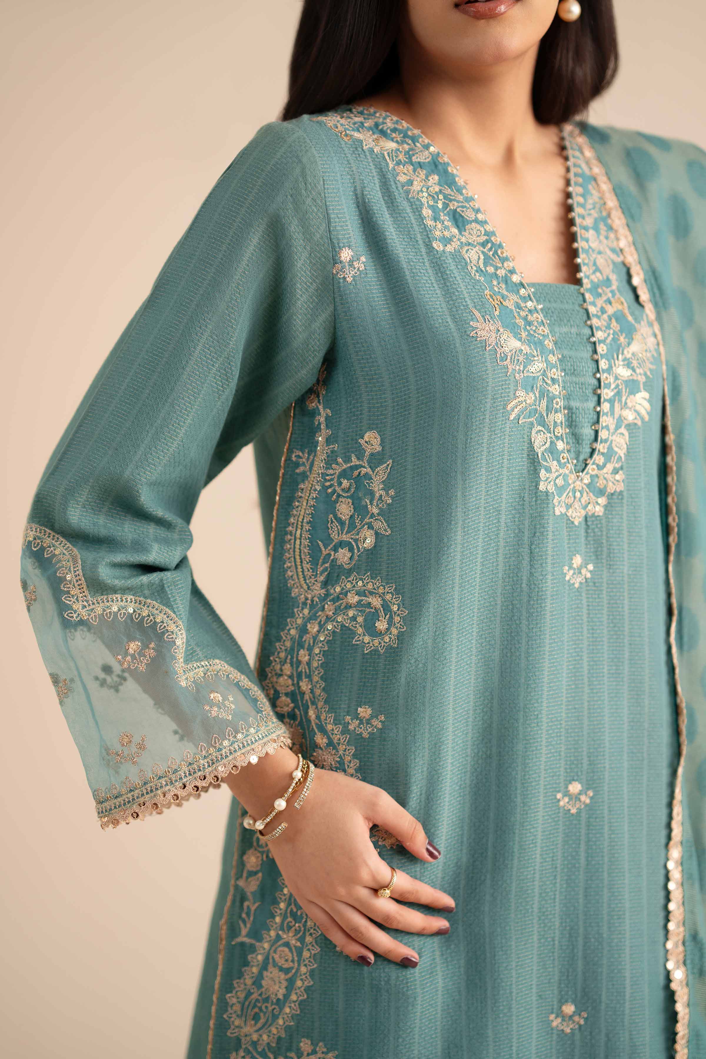 3 Piece - Embroidered Suit - PW25-406 READY TO WEAR Blue Jacquard 3PC Embroidered