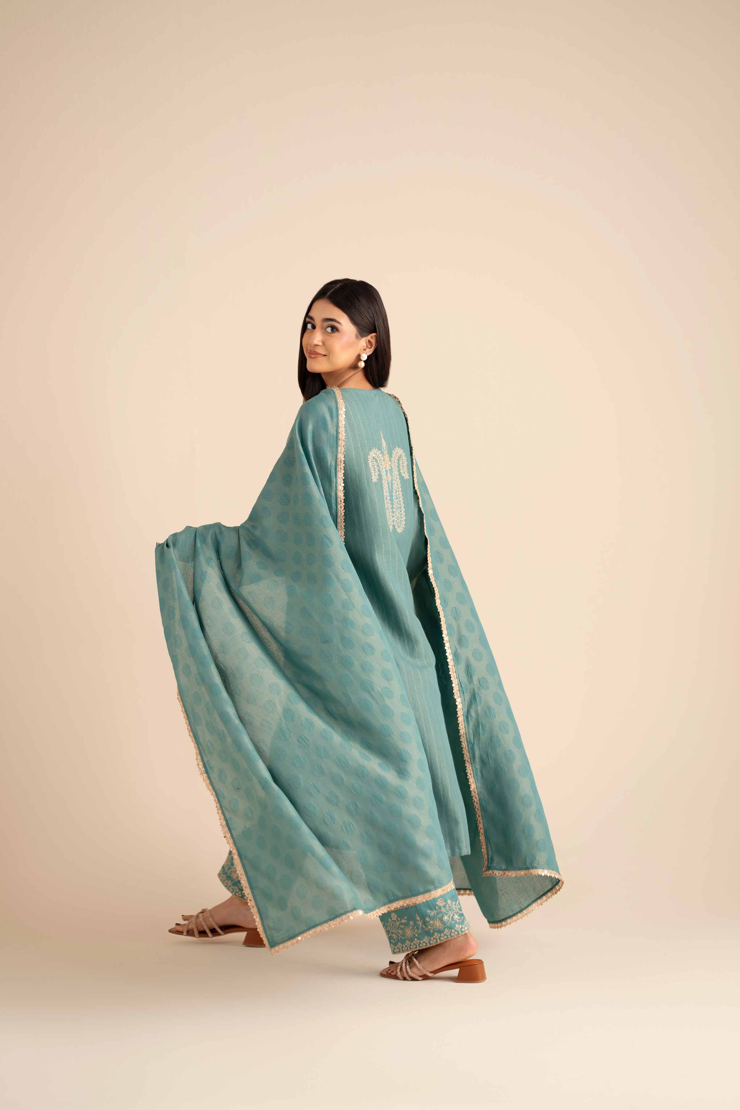 3 Piece - Embroidered Suit - PW25-406 READY TO WEAR Blue Jacquard 3PC Embroidered