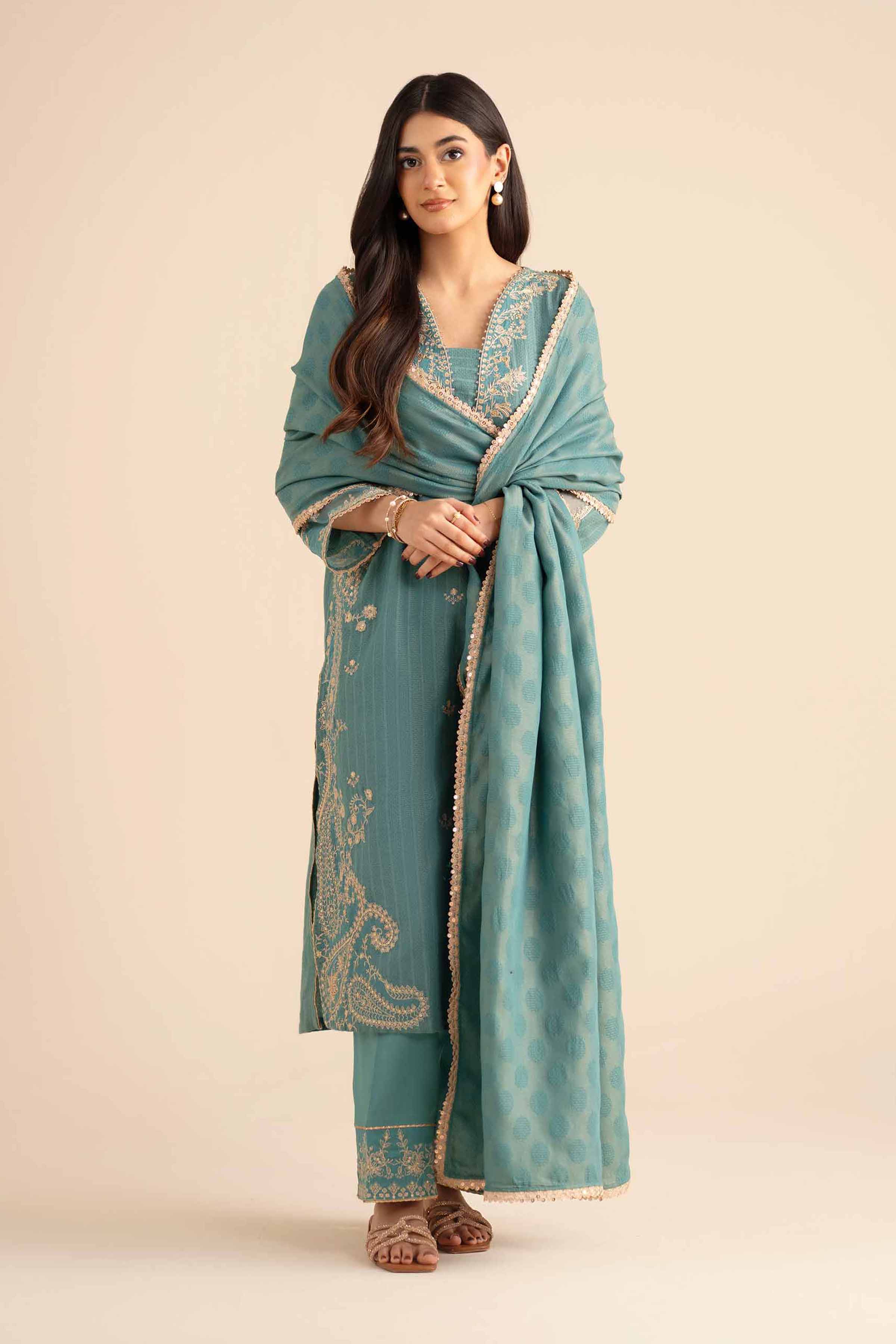 3 Piece - Embroidered Suit - PW25-406 READY TO WEAR Blue Jacquard 3PC Embroidered
