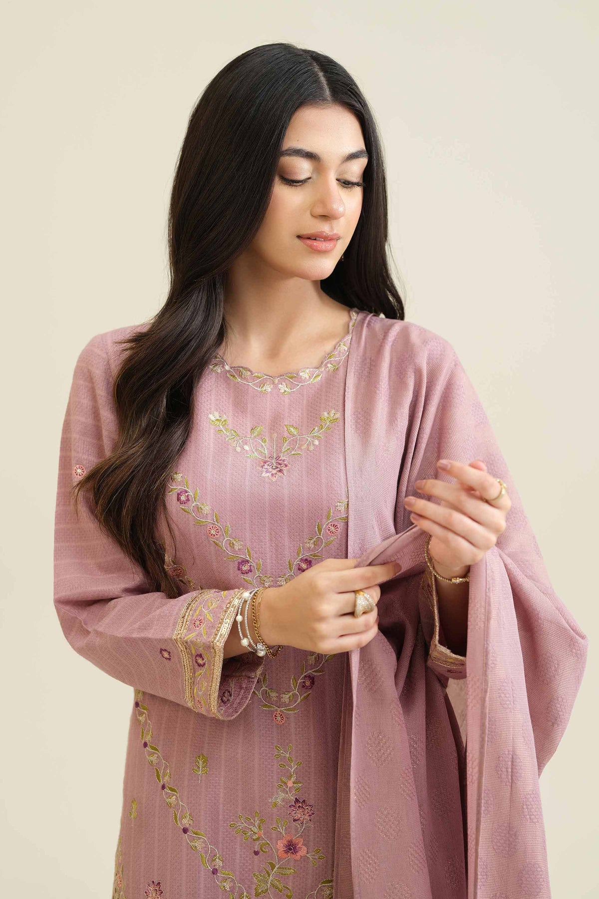 3 Piece - Embroidered Suit - PW25-407 Pink Jacquard 3PC Embroidered Nishat Australia
