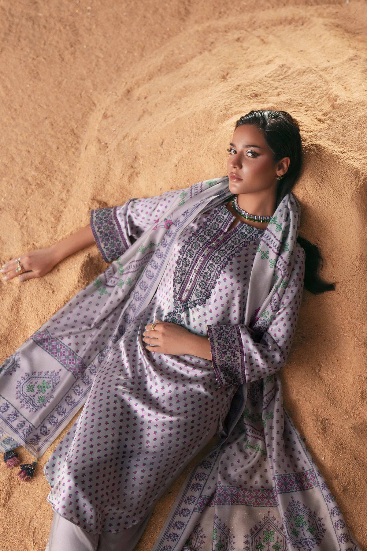 3 Piece - Printed Embroidered Suit - PW25-409 Grey Silk 3PC Embroidered Nishat Australia