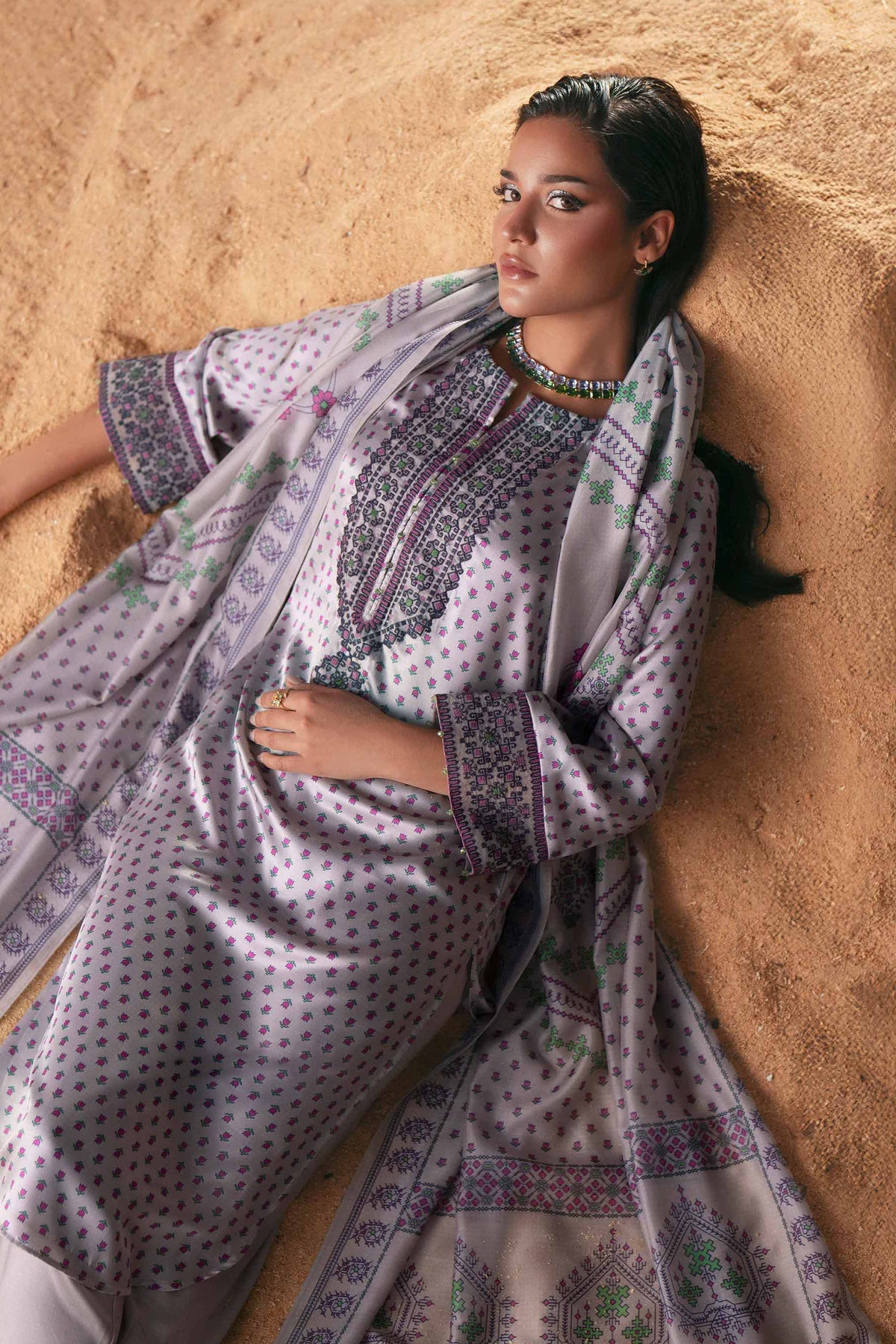 3 Piece - Printed Embroidered Suit - PW25-409 Grey Silk 3PC Embroidered Nishat Australia