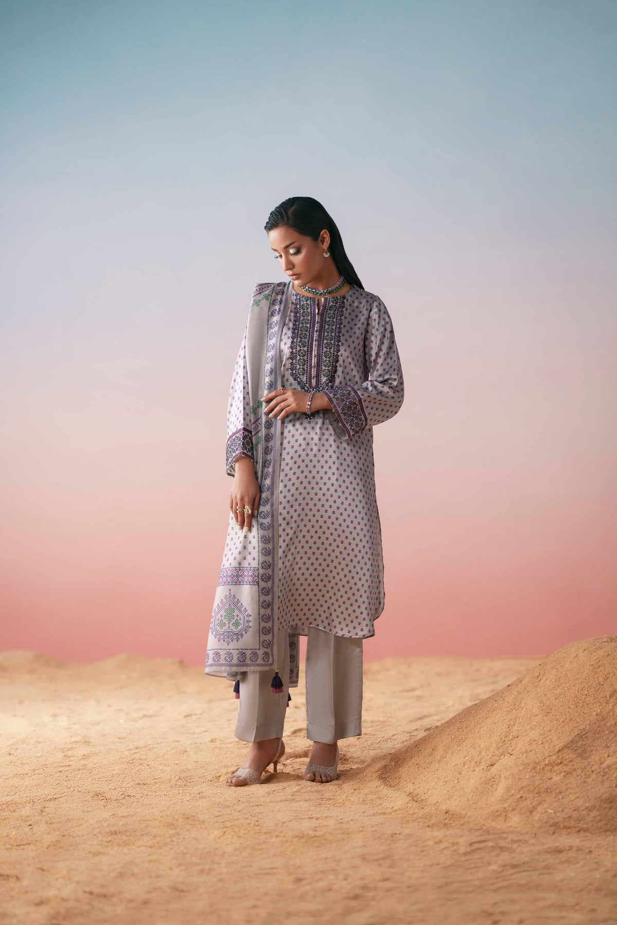 3 Piece - Printed Embroidered Suit - PW25-409 Grey Silk 3PC Embroidered Nishat Australia