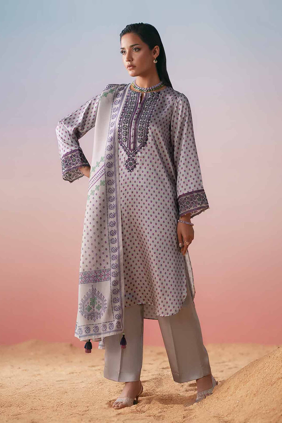 3 Piece - Printed Embroidered Suit - PW25-409 Grey Silk 3PC Embroidered Nishat Australia