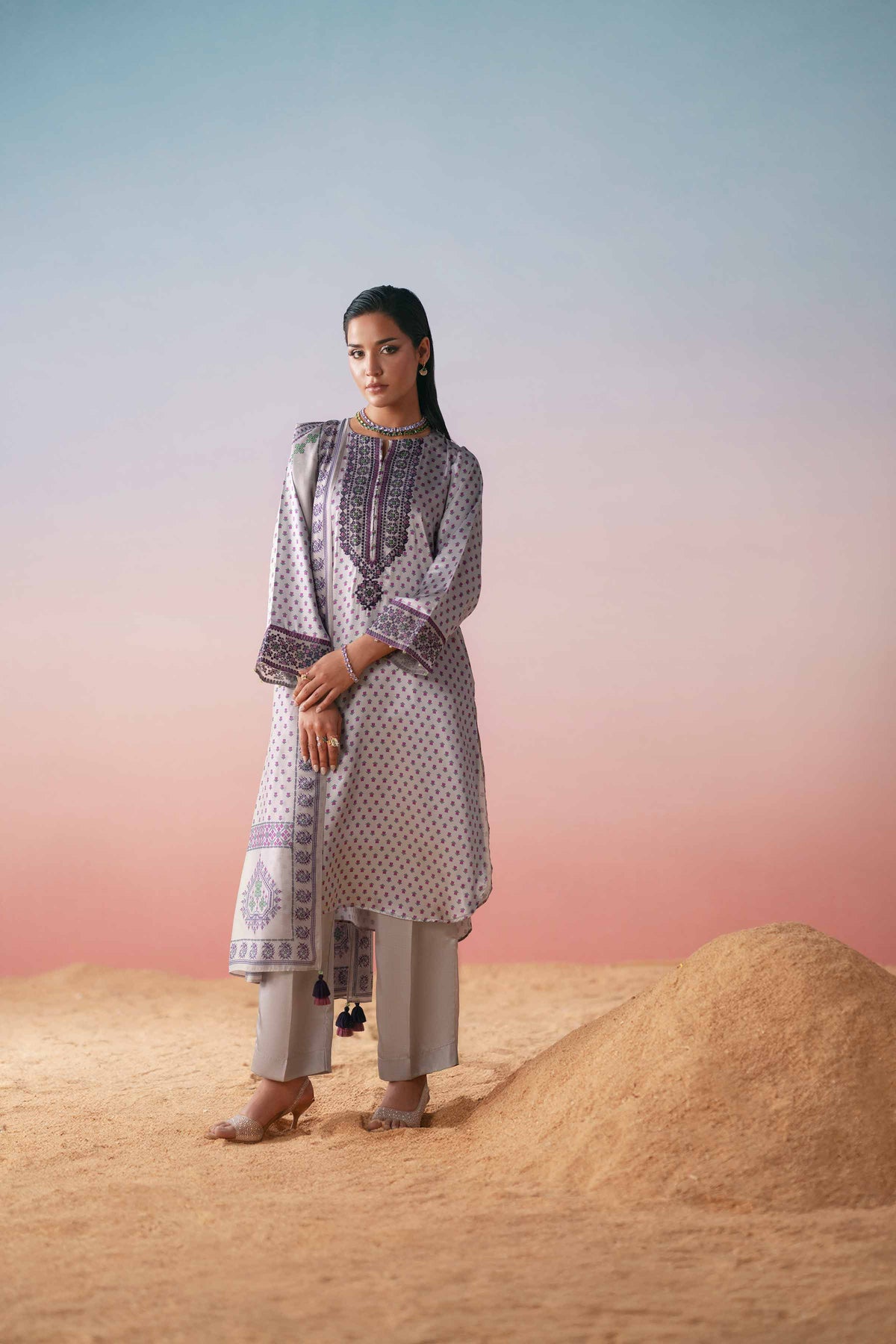 3 Piece - Printed Embroidered Suit - PW25-409 Grey Silk 3PC Embroidered Nishat Australia