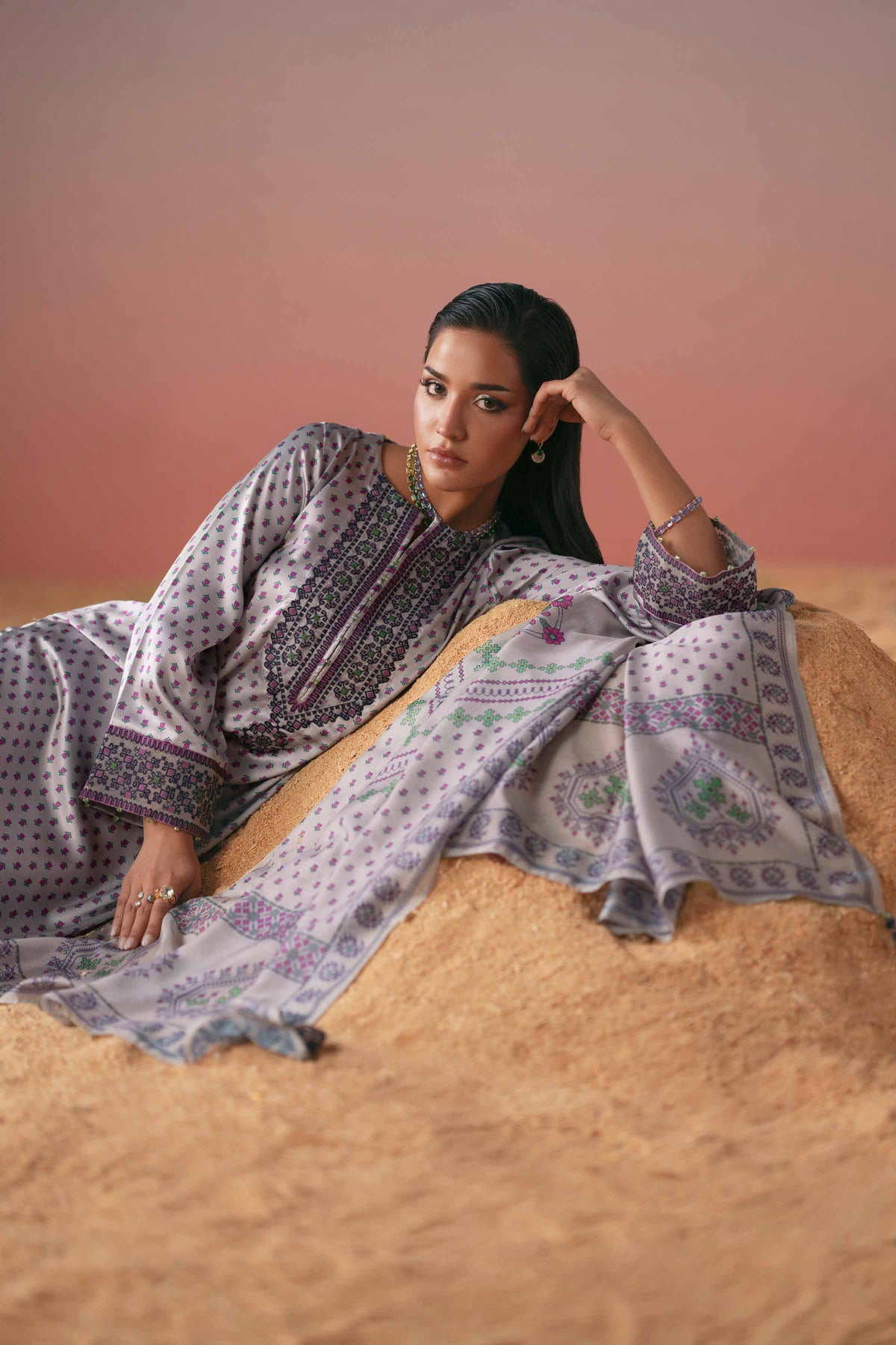 3 Piece - Printed Embroidered Suit - PW25-409 Grey Silk 3PC Embroidered Nishat Australia
