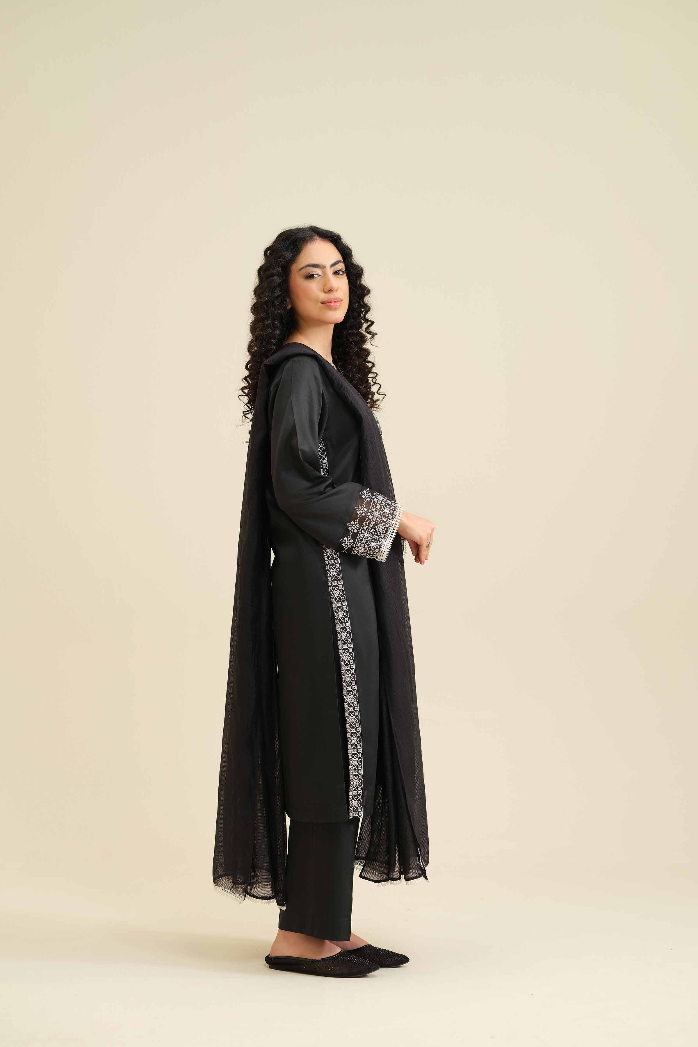 3 Piece - Embroidered Suit - PW25-411 READY TO WEAR Black Sateen 3PC Embroidered
