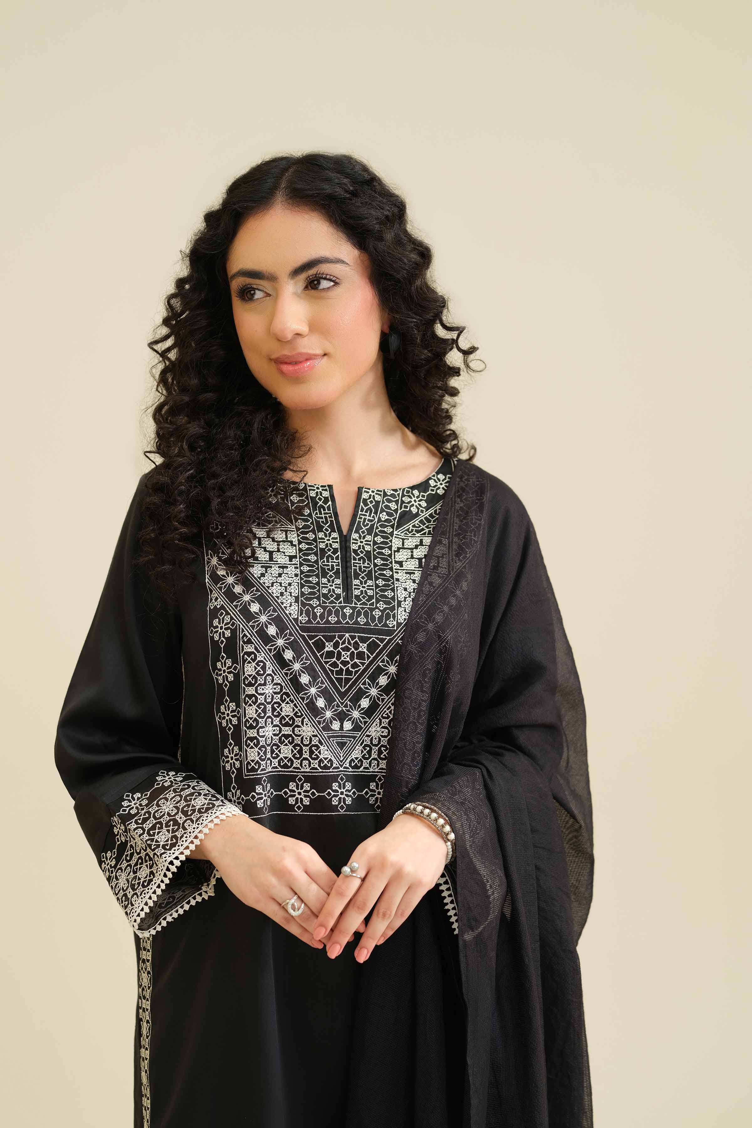 3 Piece - Embroidered Suit - PW25-411 READY TO WEAR Black Sateen 3PC Embroidered