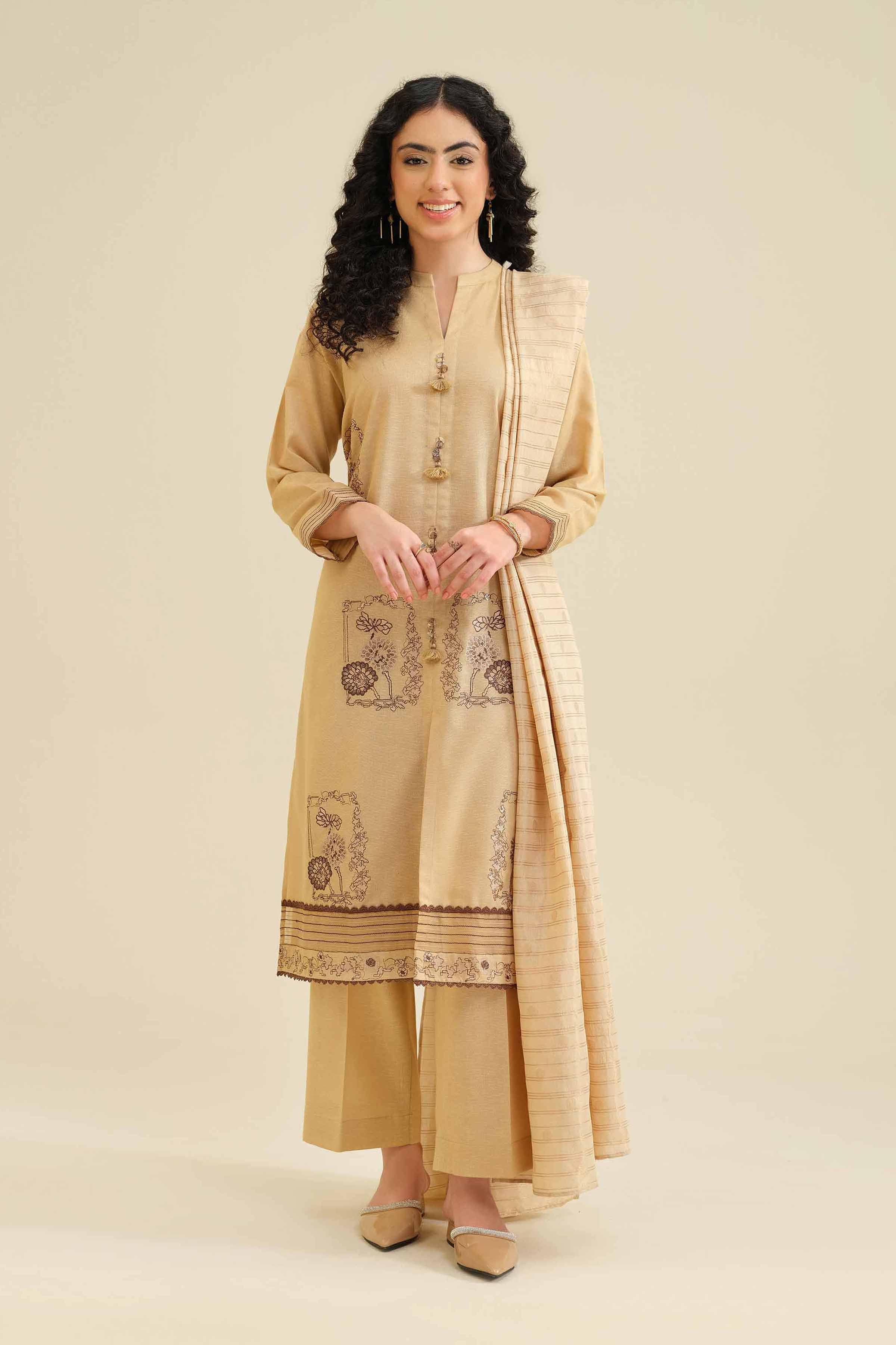 3 Piece - Embroidered Suit - PW25-415 READY TO WEAR Beige Karandi 3PC Embroidered