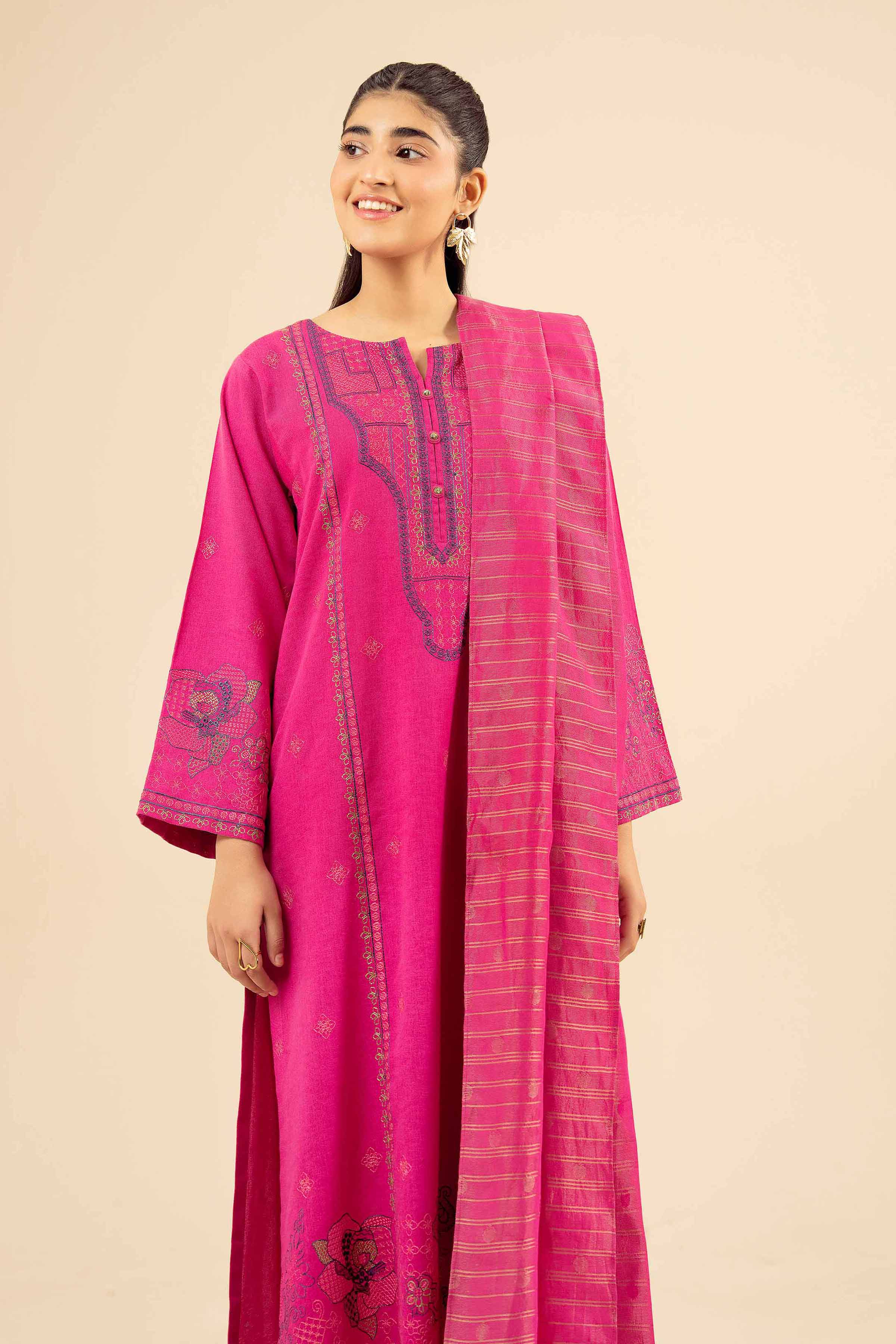 3 Piece - Embroidered Suit - PW25-416 READY TO WEAR Pink Karandi 3PC Embroidered