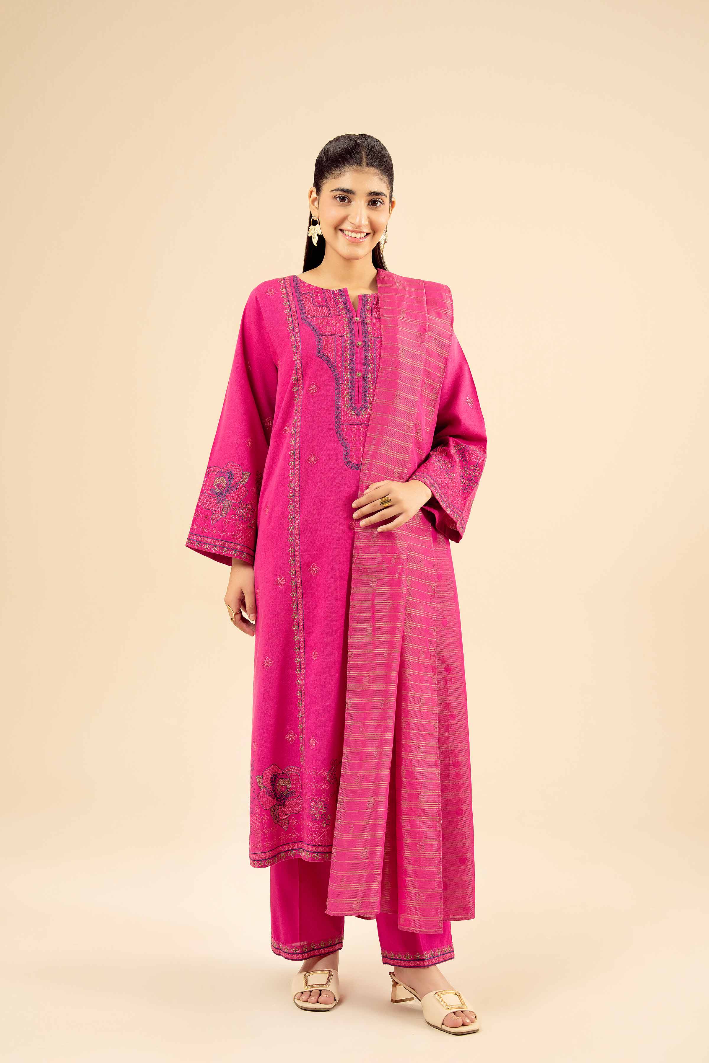 3 Piece - Embroidered Suit - PW25-416 READY TO WEAR Pink Karandi 3PC Embroidered