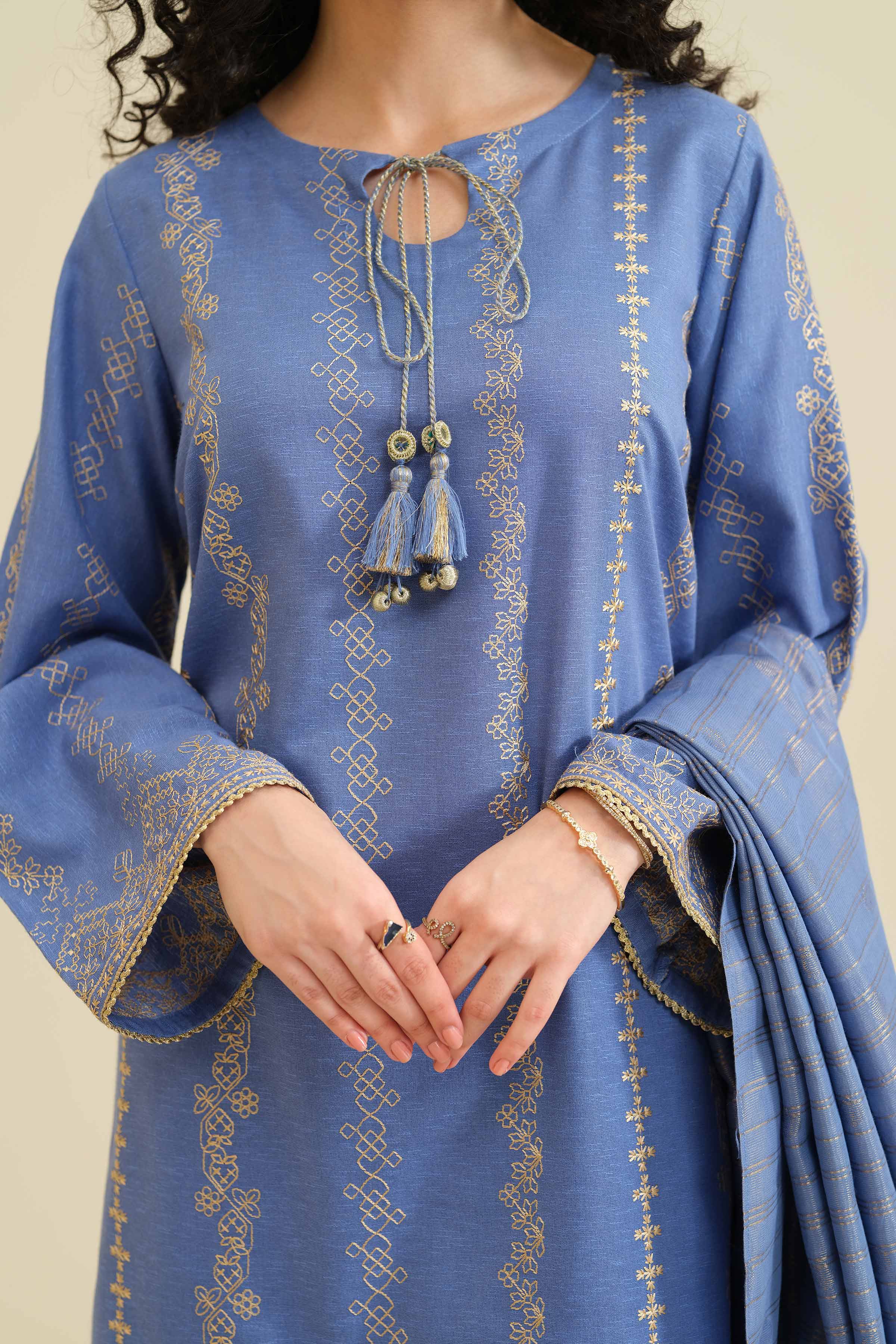 3 Piece - Embroidered Suit - PW25-417 READY TO WEAR Blue Karandi 3PC Embroidered