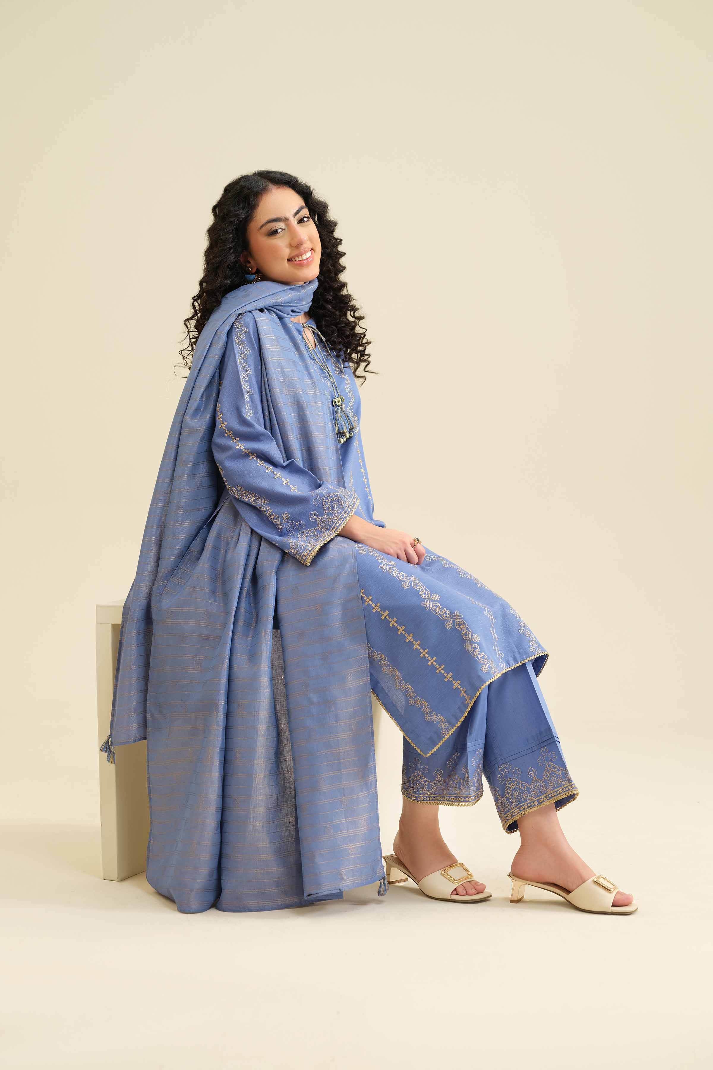 3 Piece - Embroidered Suit - PW25-417 READY TO WEAR Blue Karandi 3PC Embroidered