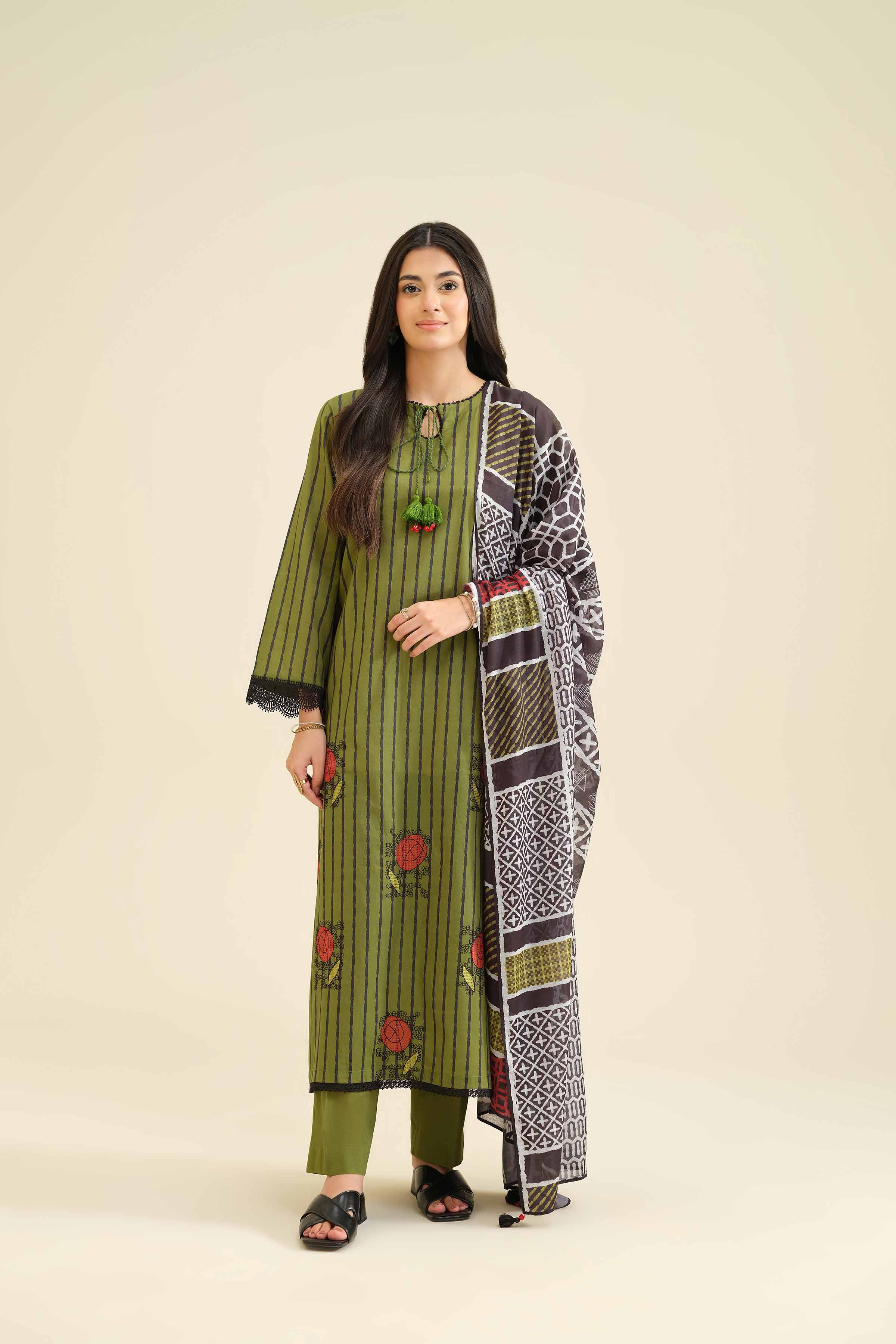 3 Piece - Printed Embroidered Suit - PW25-419 READY TO WEAR Green Cambric 3PC Embroidered