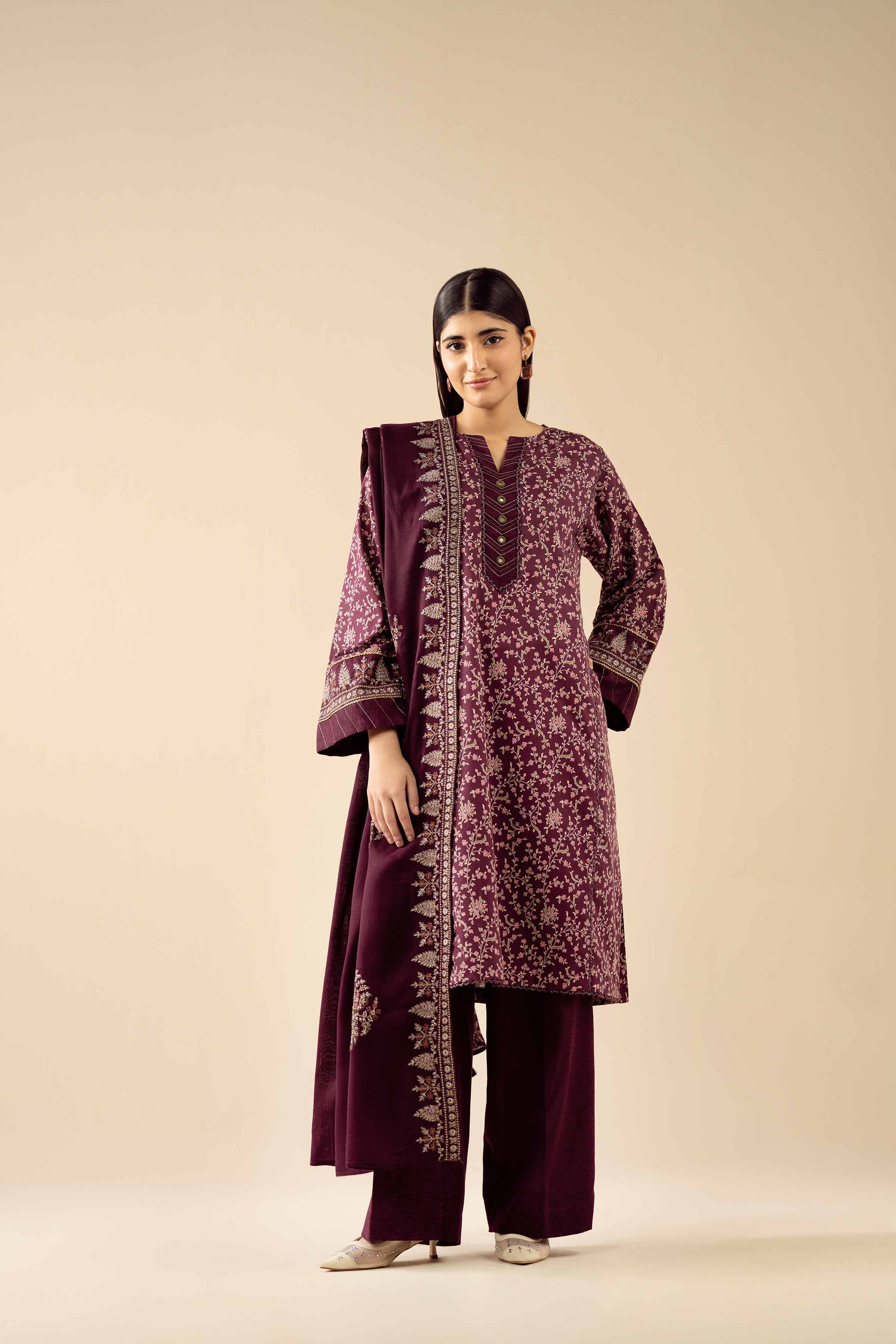 3 Piece - Printed Embroidered Suit - PW25-429 READY TO WEAR Purple Karandi 3PC Embroidered