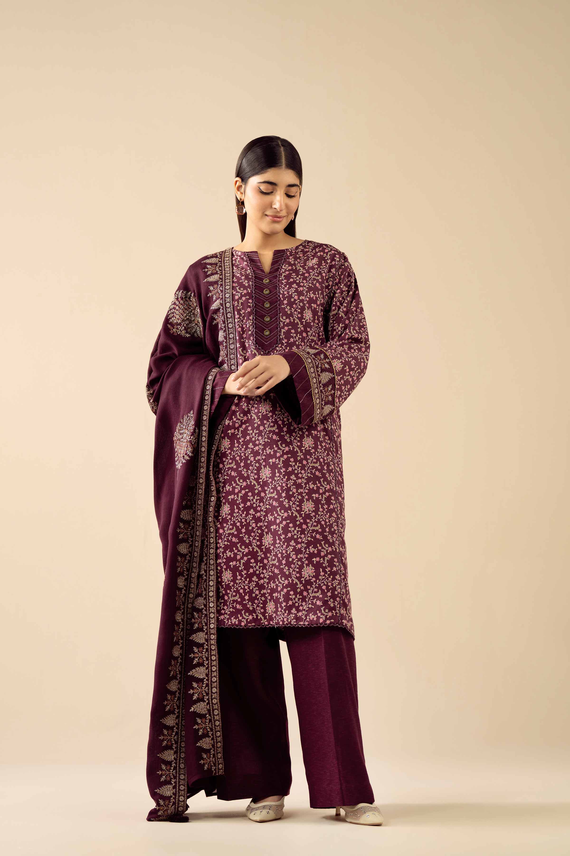 3 Piece - Printed Embroidered Suit - PW25-429 READY TO WEAR Purple Karandi 3PC Embroidered