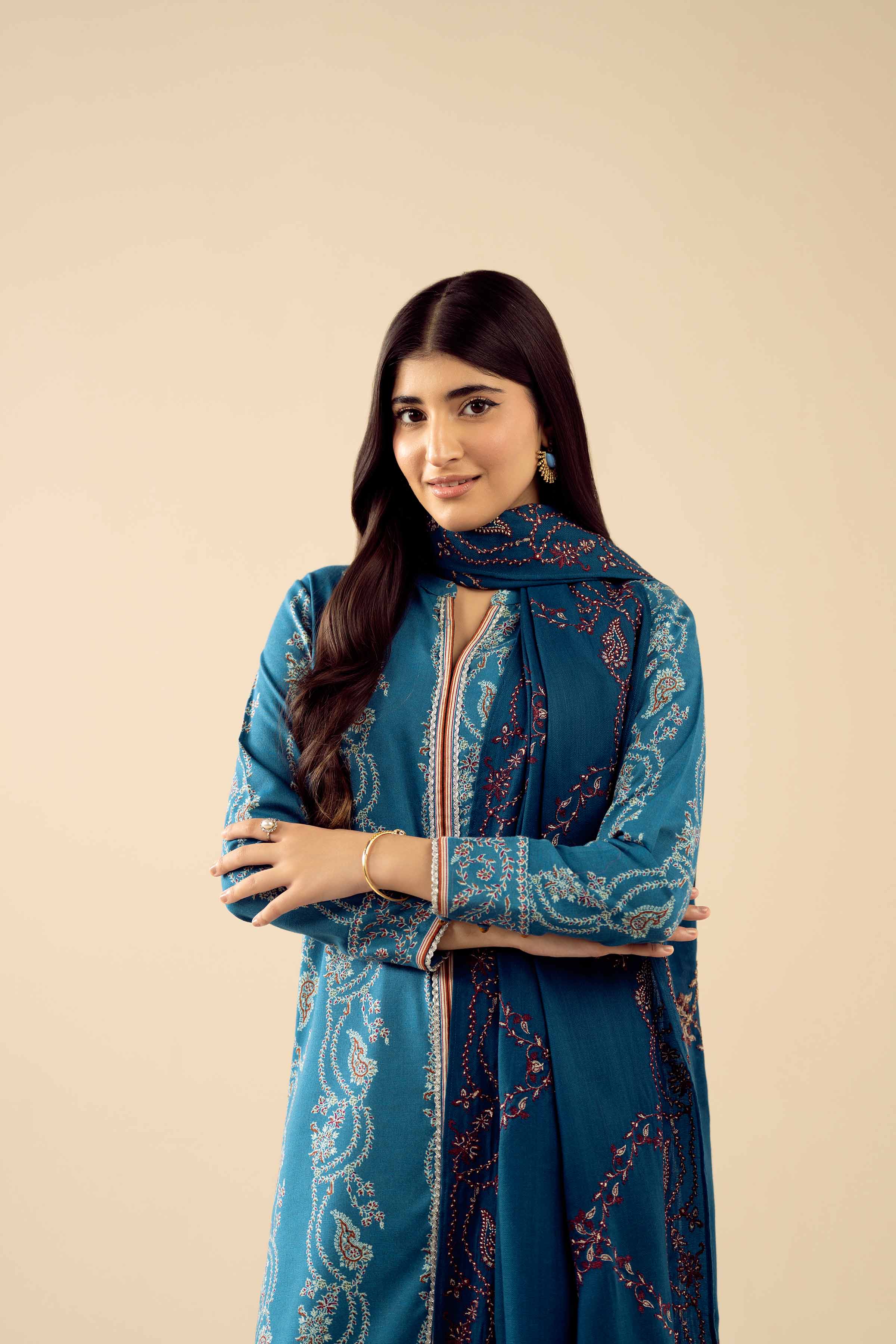 3 Piece - Printed Embroidered Suit - PW25-431 READY TO WEAR Blue Karandi 3PC Embroidered