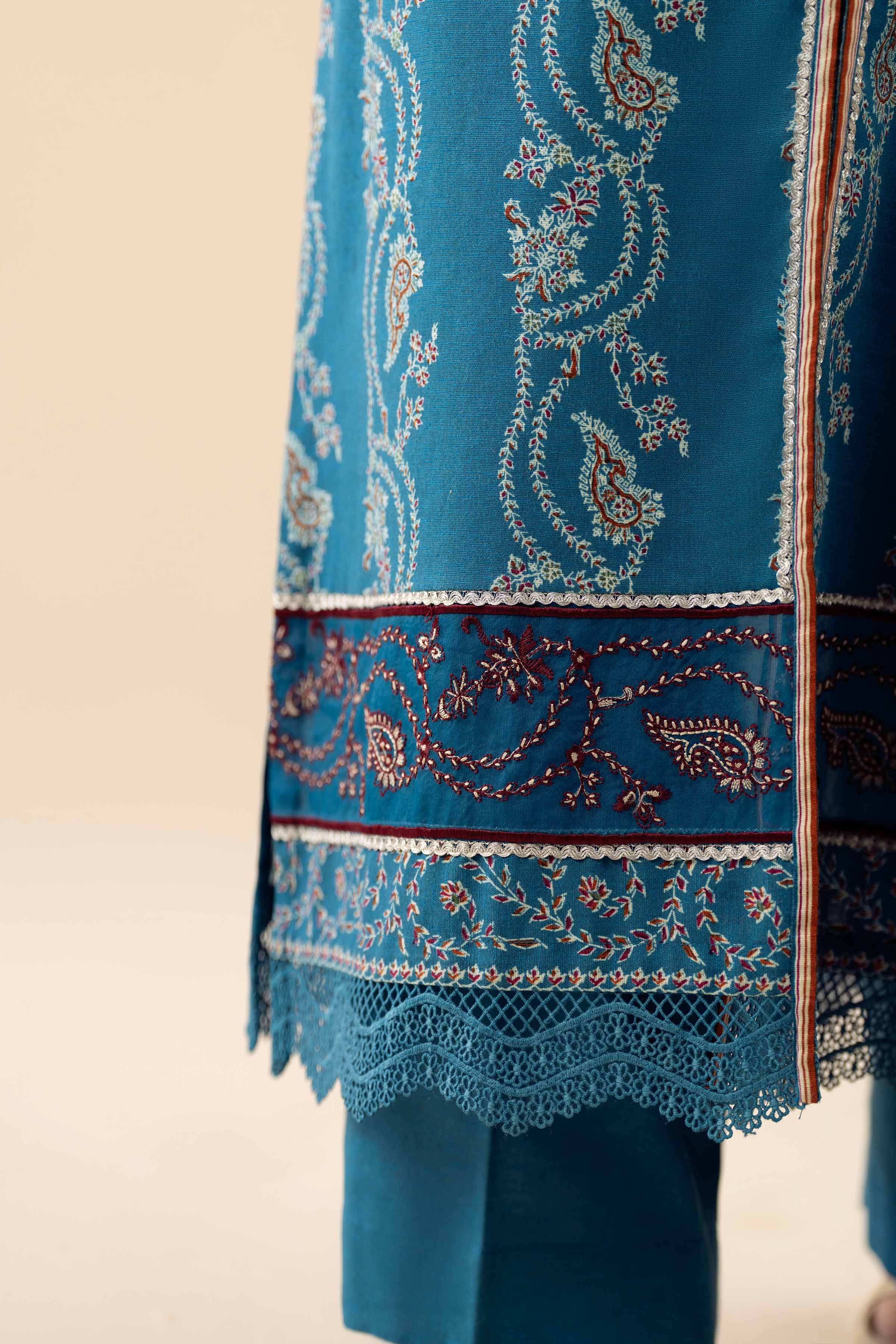 3 Piece - Printed Embroidered Suit - PW25-431 READY TO WEAR Blue Karandi 3PC Embroidered