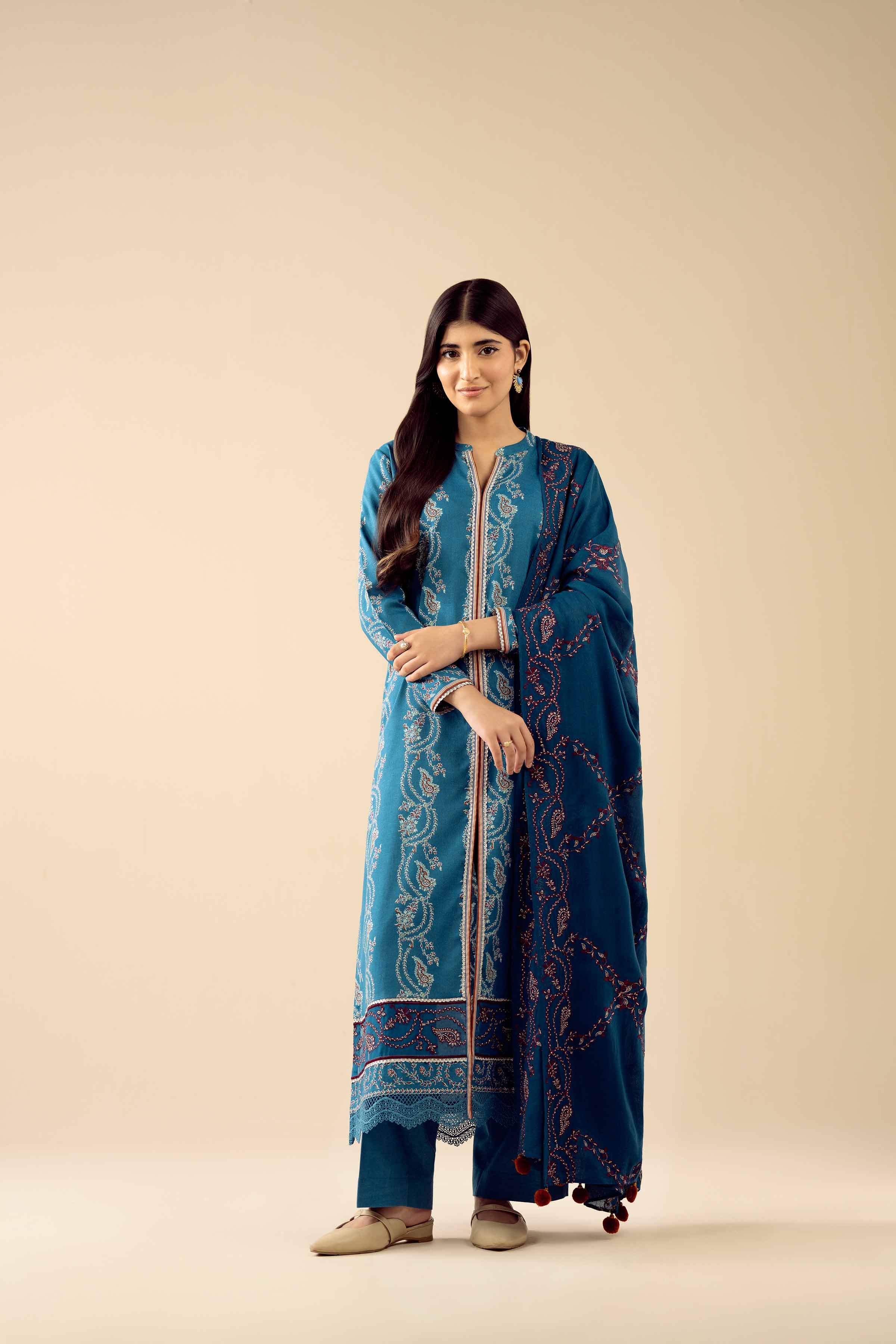 3 Piece - Printed Embroidered Suit - PW25-431 READY TO WEAR Blue Karandi 3PC Embroidered