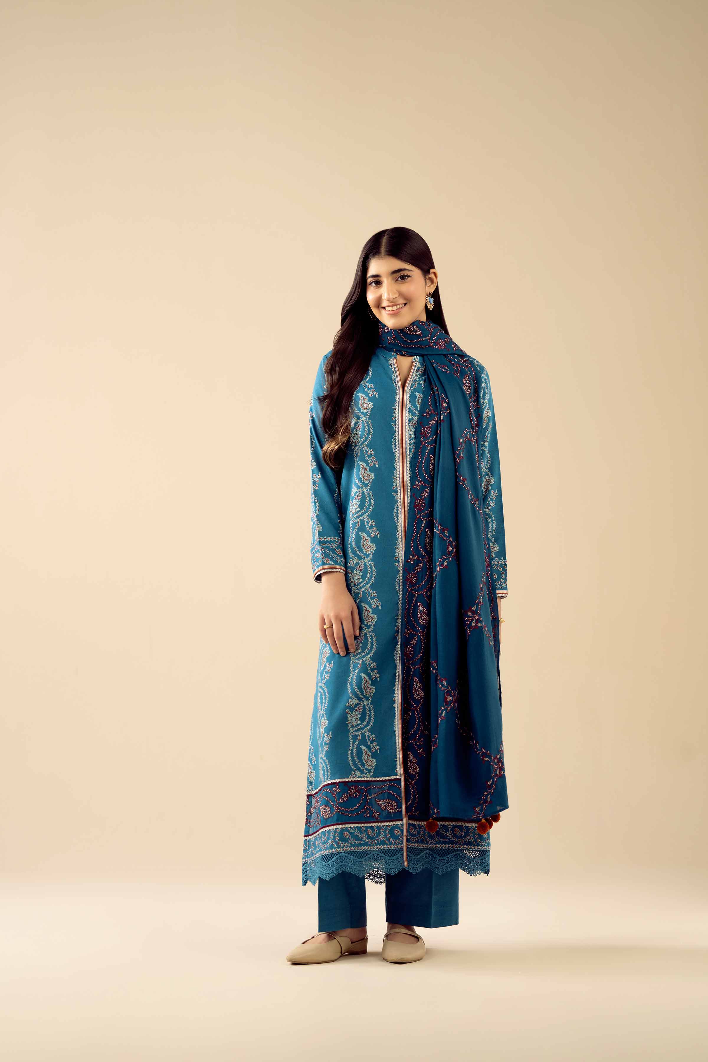 3 Piece - Printed Embroidered Suit - PW25-431 READY TO WEAR Blue Karandi 3PC Embroidered