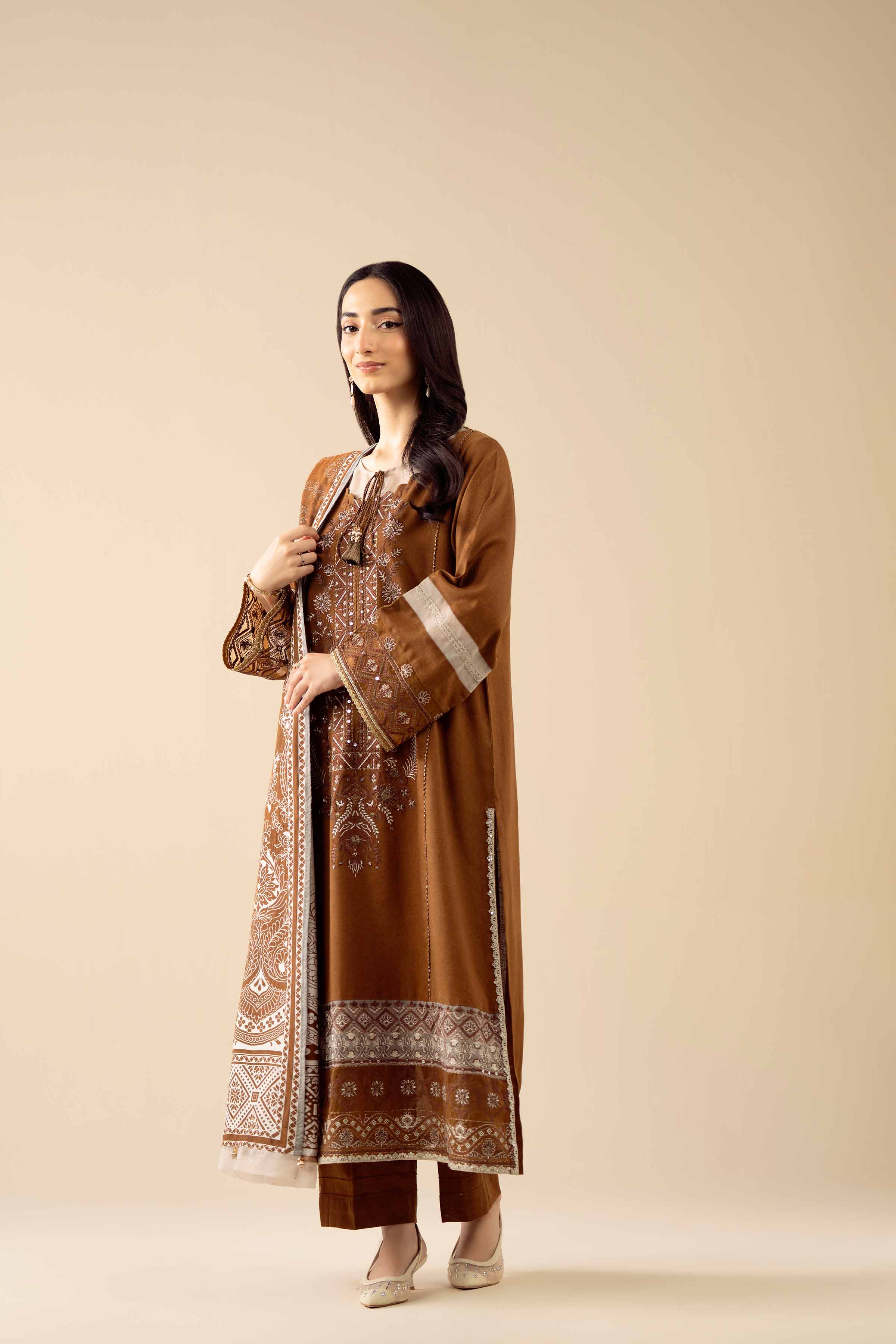 3 Piece - Embroidered Suit - PW25-433 READY TO WEAR Brown Karandi 3PC Embroidered