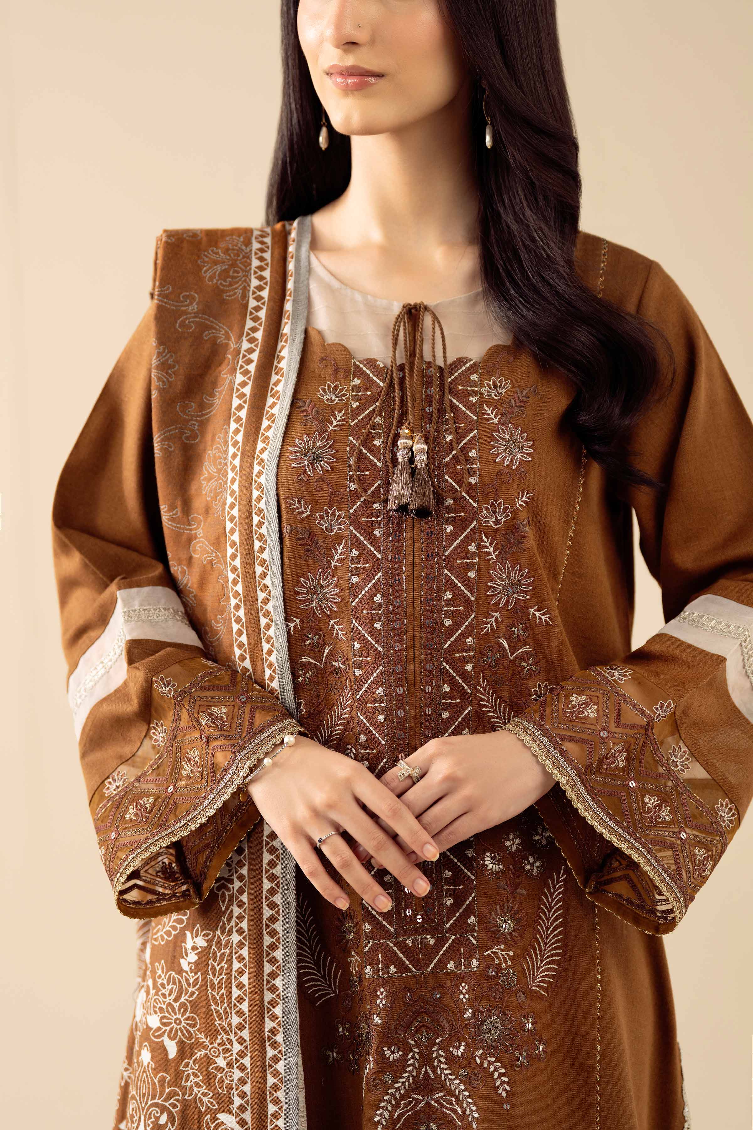 3 Piece - Embroidered Suit - PW25-433 READY TO WEAR Brown Karandi 3PC Embroidered