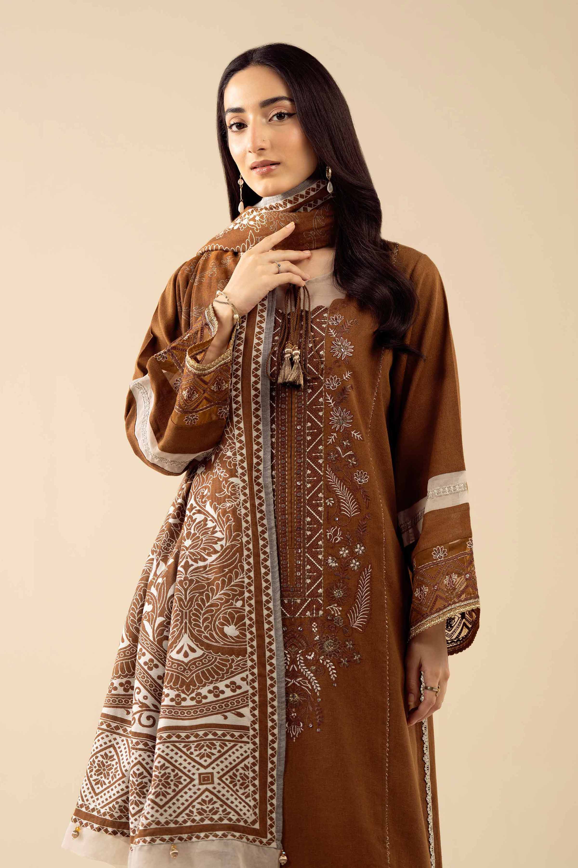3 Piece - Embroidered Suit - PW25-433 READY TO WEAR Brown Karandi 3PC Embroidered