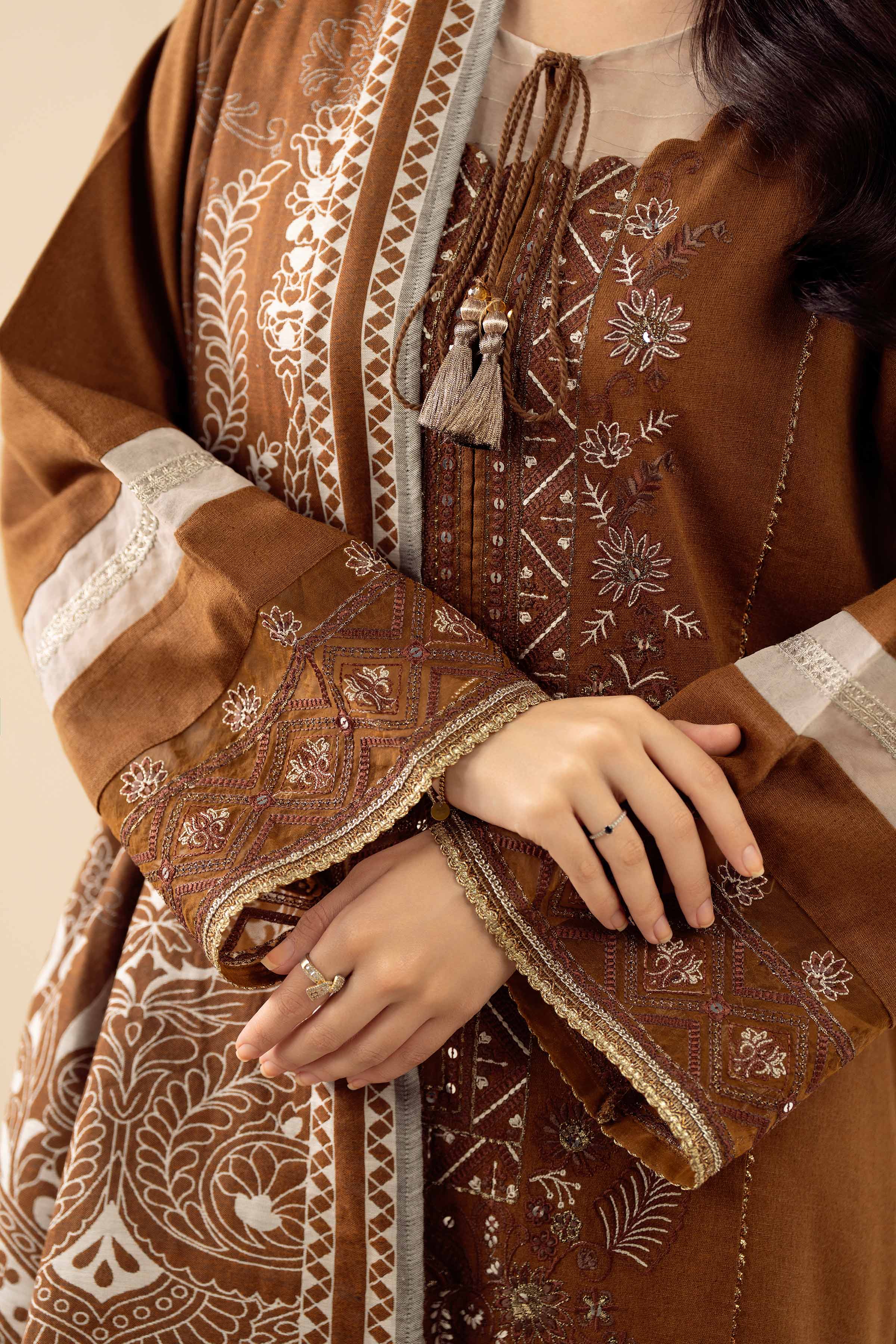 3 Piece - Embroidered Suit - PW25-433 READY TO WEAR Brown Karandi 3PC Embroidered