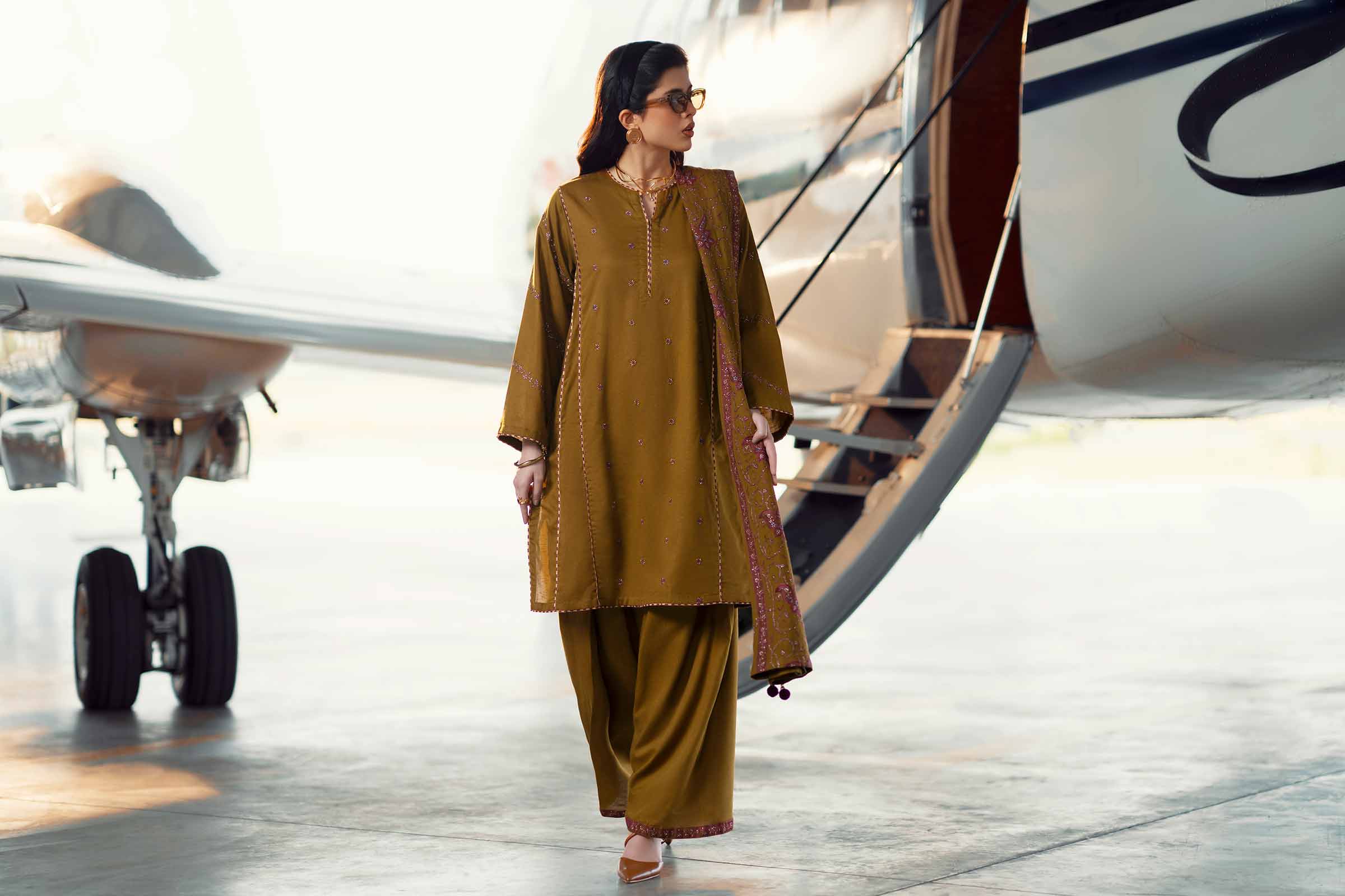 3 Piece - Embroidered Suit - PW25-438 READY TO WEAR Brown Karandi 3PC Embroidered