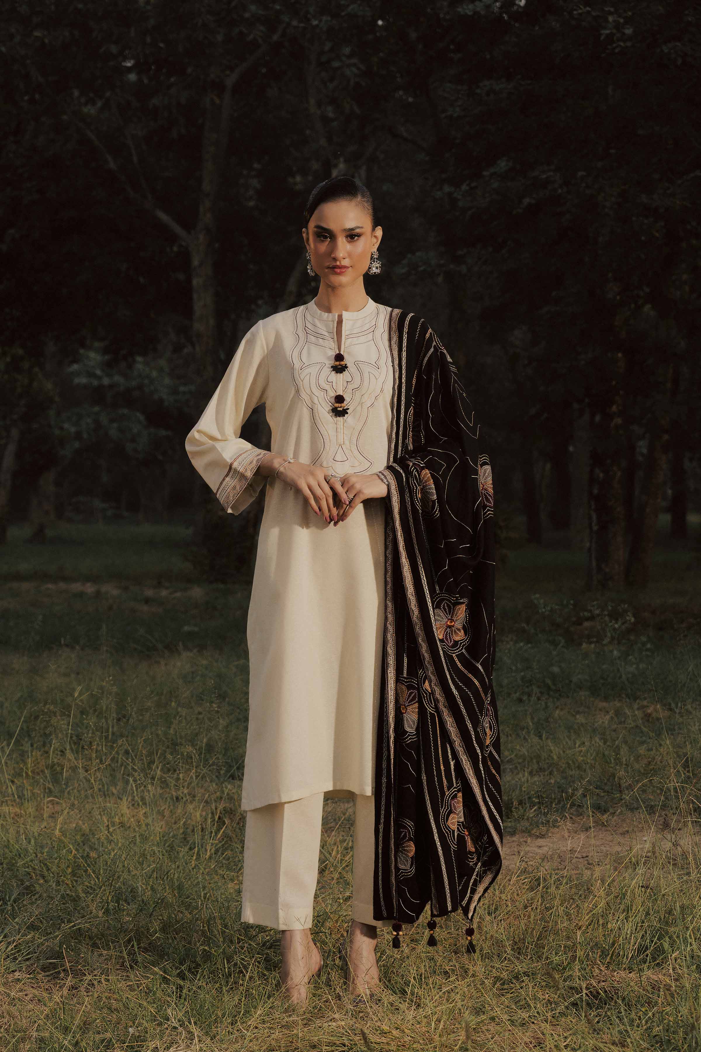 3 Piece - Embroidered Suit - PW25-442 READY TO WEAR White Karandi 3PC Embroidered
