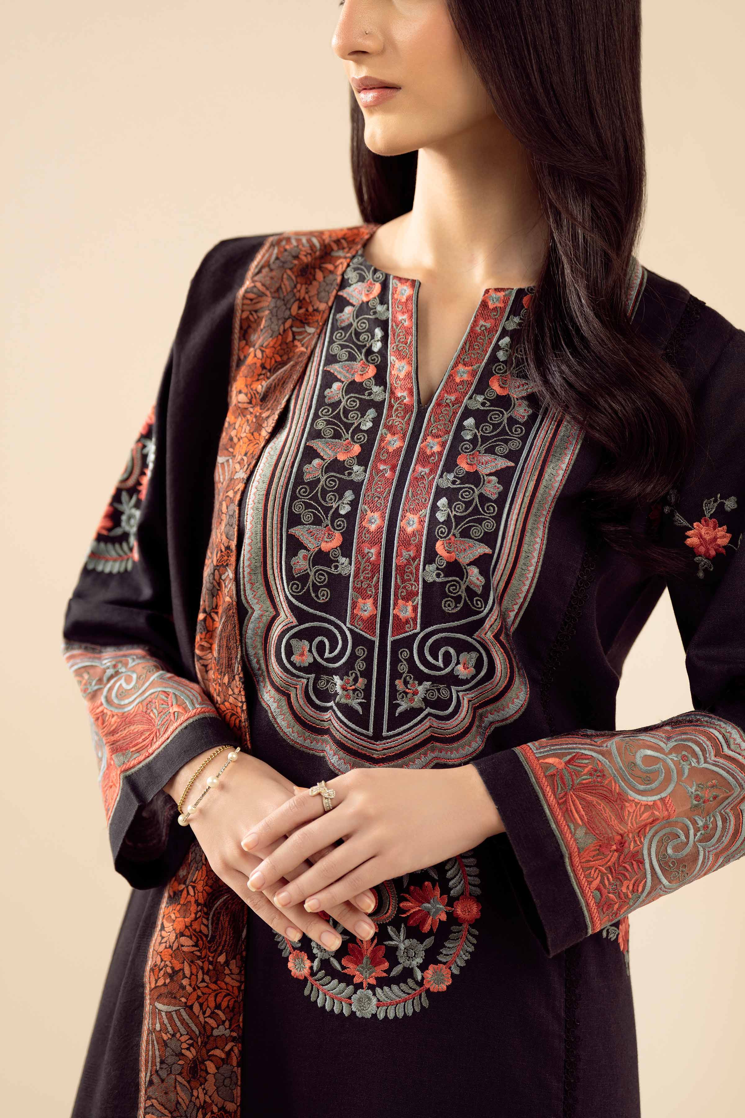 3 Piece - Embroidered Suit - PW25-443 READY TO WEAR Black Karandi 3PC Embroidered