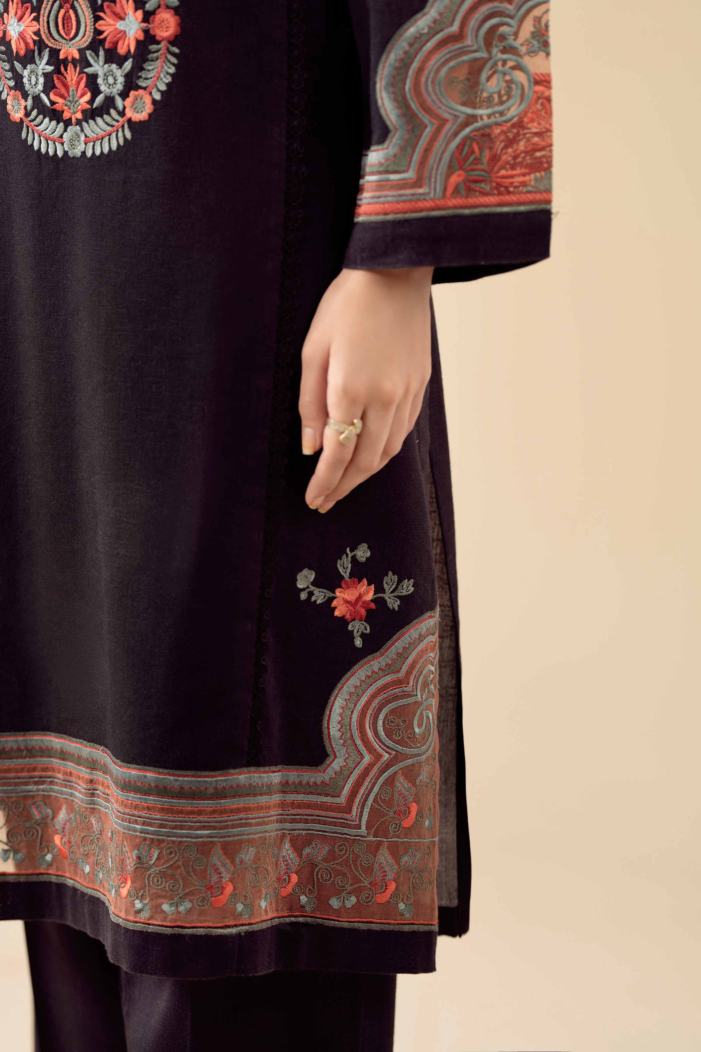 3 Piece - Embroidered Suit - PW25-443 READY TO WEAR Black Karandi 3PC Embroidered