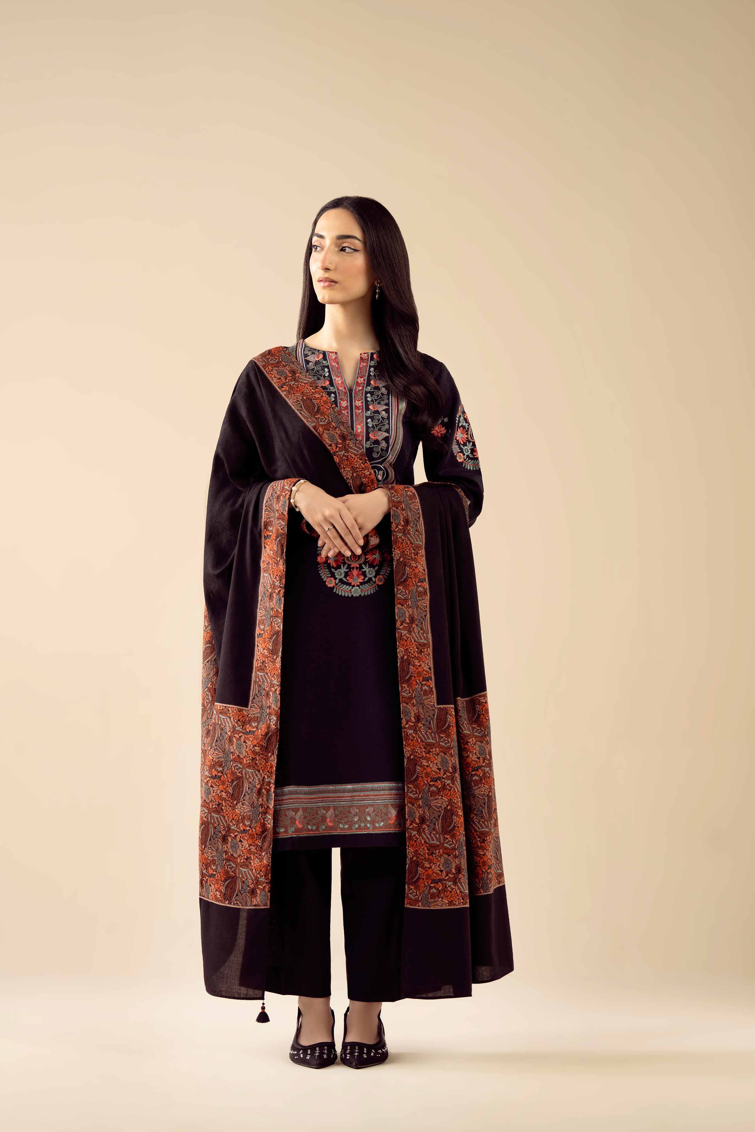 3 Piece - Embroidered Suit - PW25-443 READY TO WEAR Black Karandi 3PC Embroidered