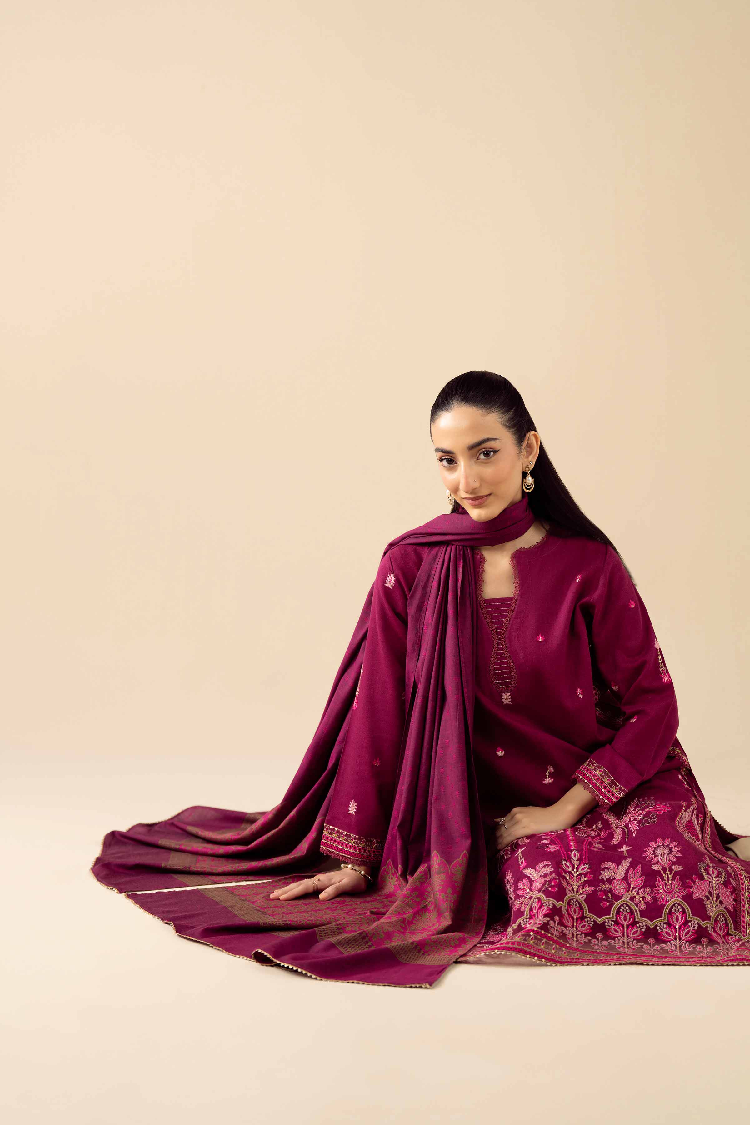 3 Piece - Embroidered Suit - PW25-444 READY TO WEAR Pink Karandi 3PC Embroidered