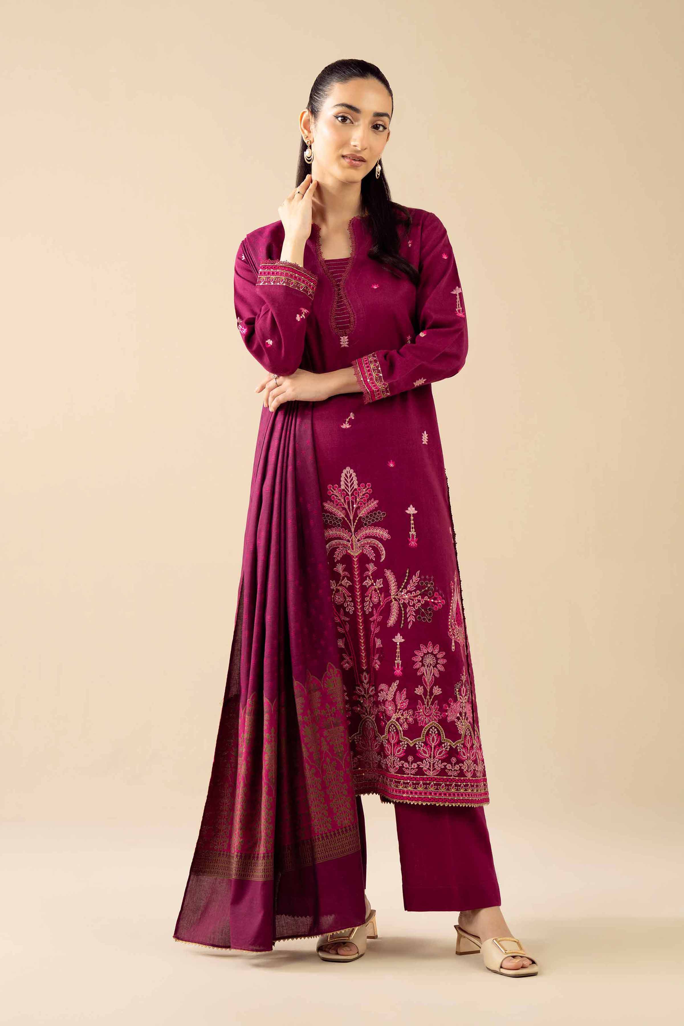 3 Piece - Embroidered Suit - PW25-444 READY TO WEAR Pink Karandi 3PC Embroidered