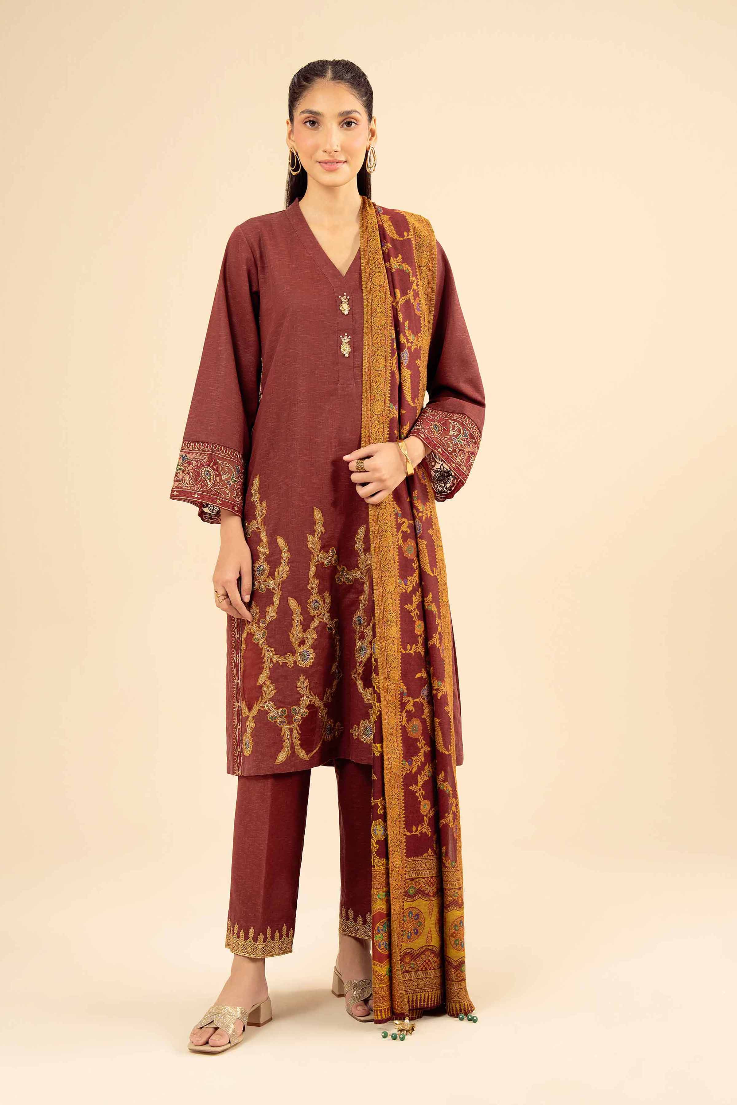 3 Piece - Embroidered Suit - PW25-445 READY TO WEAR Red Karandi 3PC Embroidered
